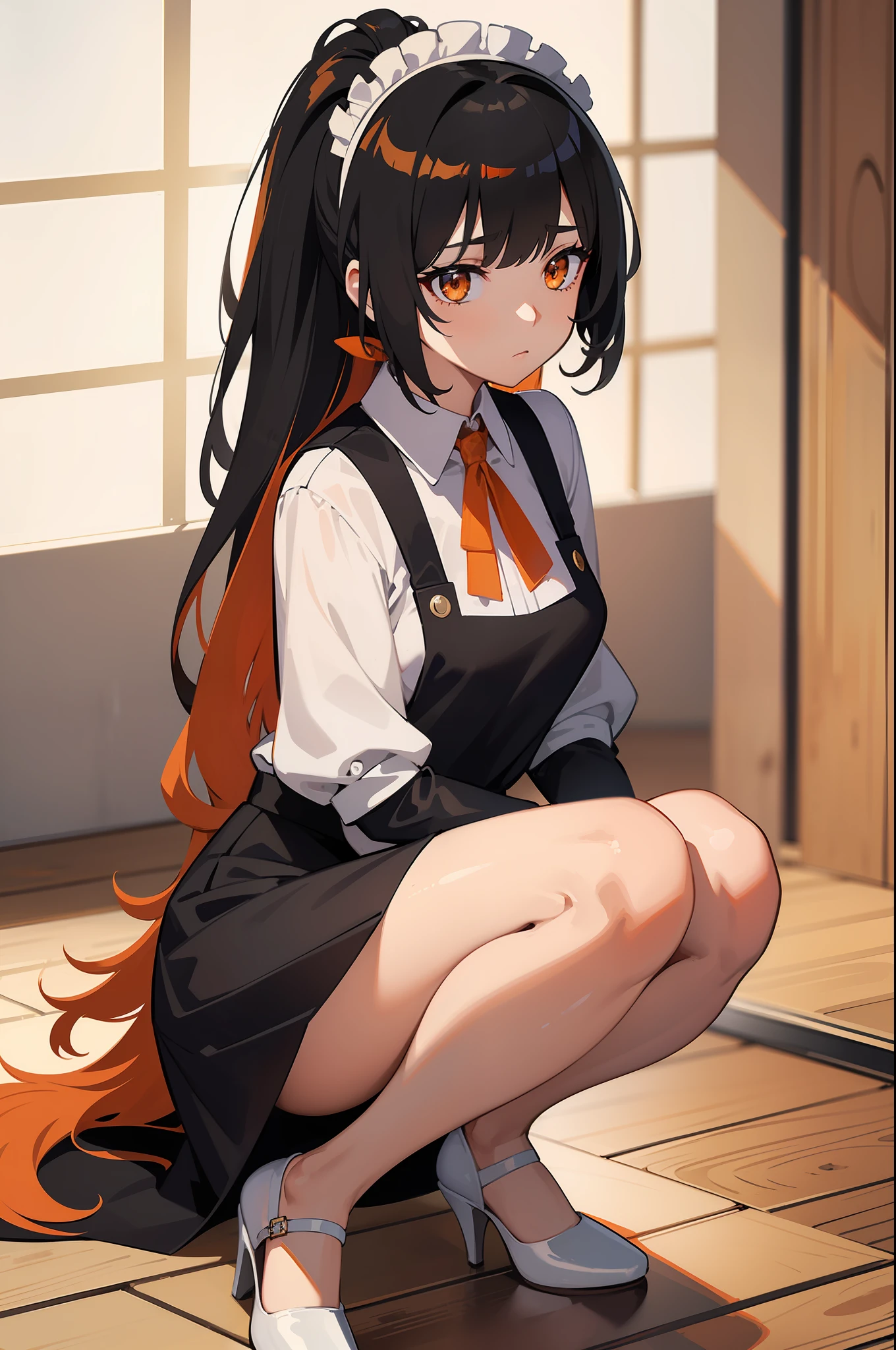 (masterpiece),(bestquality),highlydetailed,ultra-detailed,cold,solo,(1girl),detailedeyes,shinegoldeneyes),(longliverhair),(shortdress),expressionless,heels,(whiteapron),(maidheadband),(polishedfloors),(elegantpose),(cleanandneat),(well-groomed),beautifullacegloves,highlydetailed, ultra-detailed, black hair, (ponytail : 1.2), long hair, (Orange hair accessories : 0.7), amber eyes, (beautiful girl), bangs, princess hairstyle