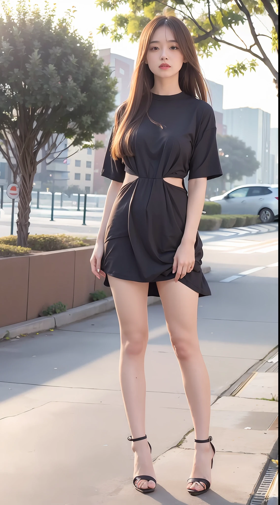 mix4, 20d, solo, long_hair, shirt, dress, high_heels, full_body, look_at_viewer, (8k, RAW photo, best quality, mastery:1.2), (realistic, photo-realistic:1.37), professional lighting, photon mapping, light energy transfer, physically based rendering,