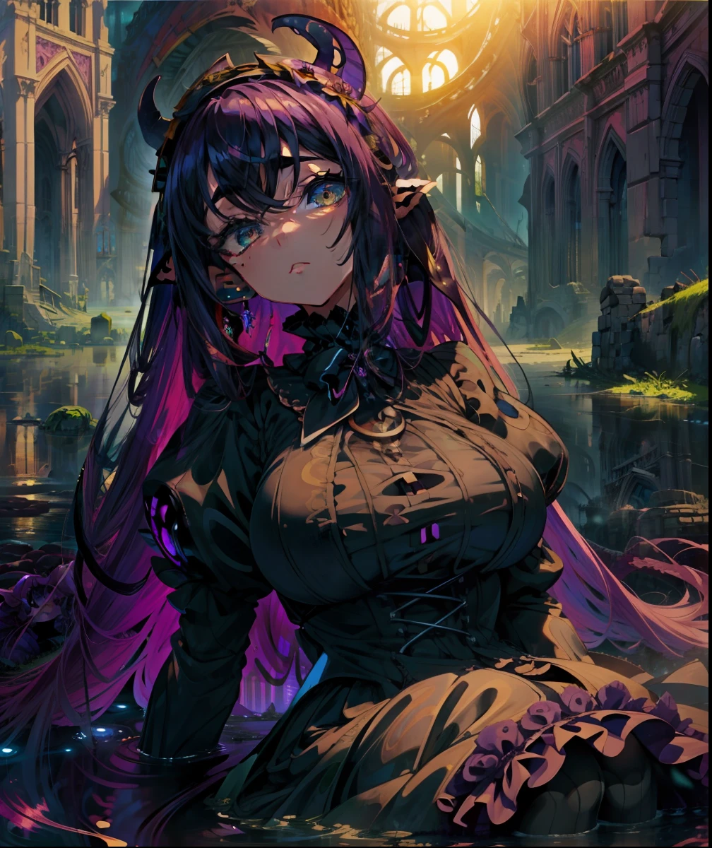 A giant beautiful girl. She wears a purple gothic ****ta style dress. Medium bust. Childish atmosphere. Her eyes are round and big. Innocent expression. She leans out from the swamp. Countless tentacles. Ruins of a church.