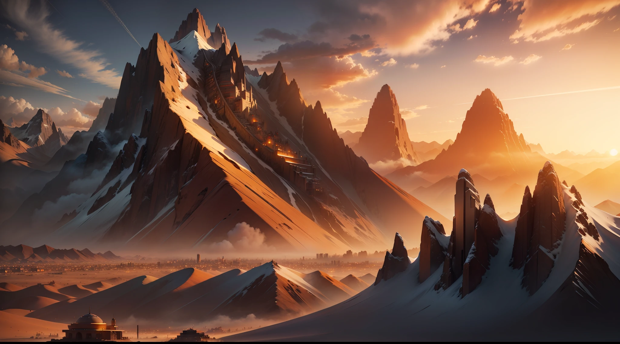 "Mountain at sunset, a futuristic INCA city in the desert as background, low clouds cover the mountain, realistic details + high and intricate, 16k."