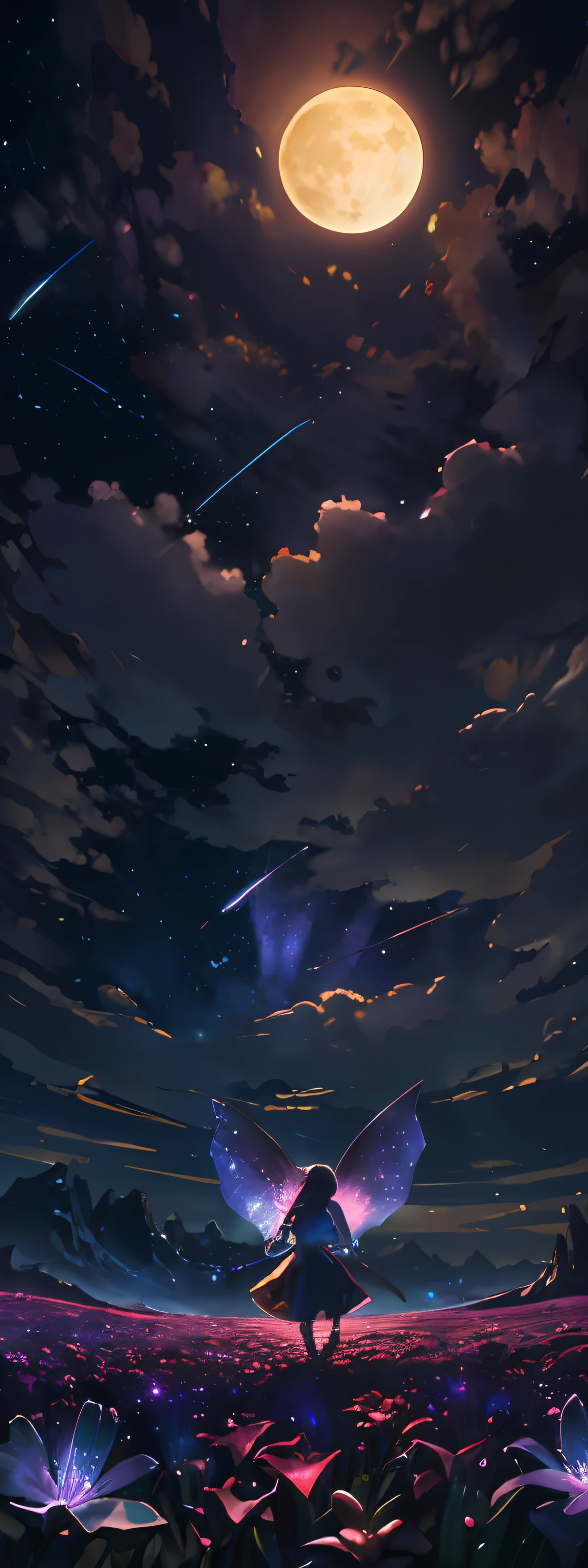 expansive landscape photograph , (a view from below that shows sky above and open field below), a little girl standing on flower field looking up, (full moon:1.2), ( shooting stars:0.9), (nebula:1.3), distant mountain, tree BREAK
production art, (warm light source:1.2), (Firefly:1.2), lamp, lot of purple and orange, intricate details, volumetric lighting BREAK
(masterpiece:1.2), (best quality), 4k, ultra-detailed, (dynamic composition:1.4), highly detailed, colorful details,( iridescent colors:1.2), (glowing lighting, atmospheric lighting), dreamy, magical, (solo:1.2)