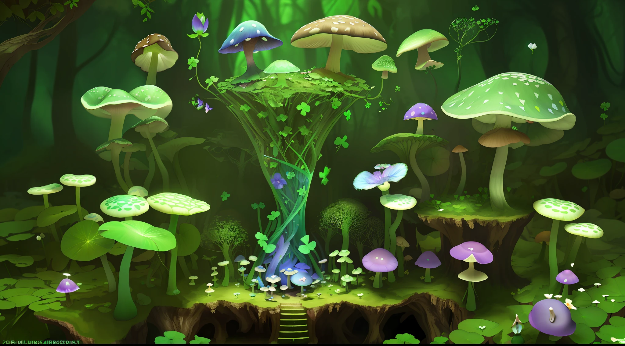 "Mushroom forest with glass goblet，s fractal art，morning glory，butterflys，lotuses，four-leaf clover，morning glory，Cyber Mushroom Forest，Ultra-detailed digital fantasy art。Mushrooms are everywhere in the picture，The unique mushroom shape creates a magical casa scene。"