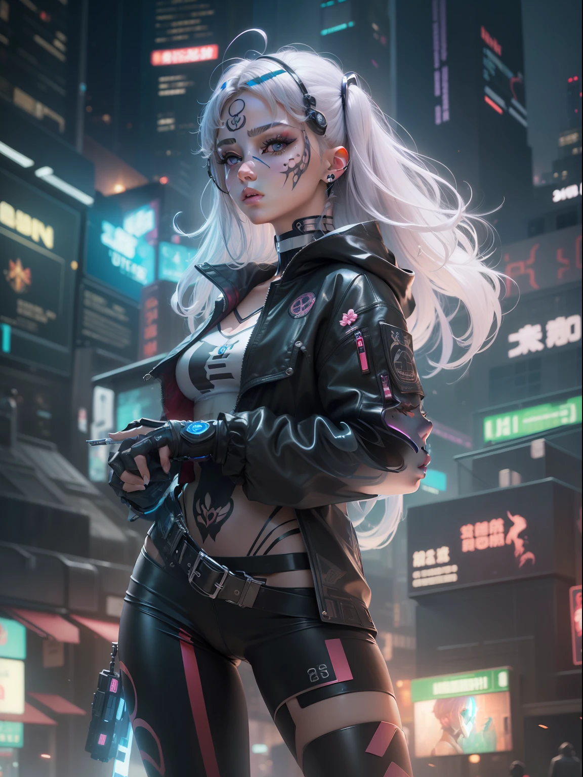 (((​masterpiece)))、(((top-quality)))、((ultra-definition))、(High Definition CG Illustration)、((extremely delicate and beautiful))、Cyber City、Cinematic Light、Girl with a sheared hairstyle、unconventional、Cyber Girl、2080s、animesque、girl with、facepaint、Face tattoos、trending on artstationh、Rachel Walker