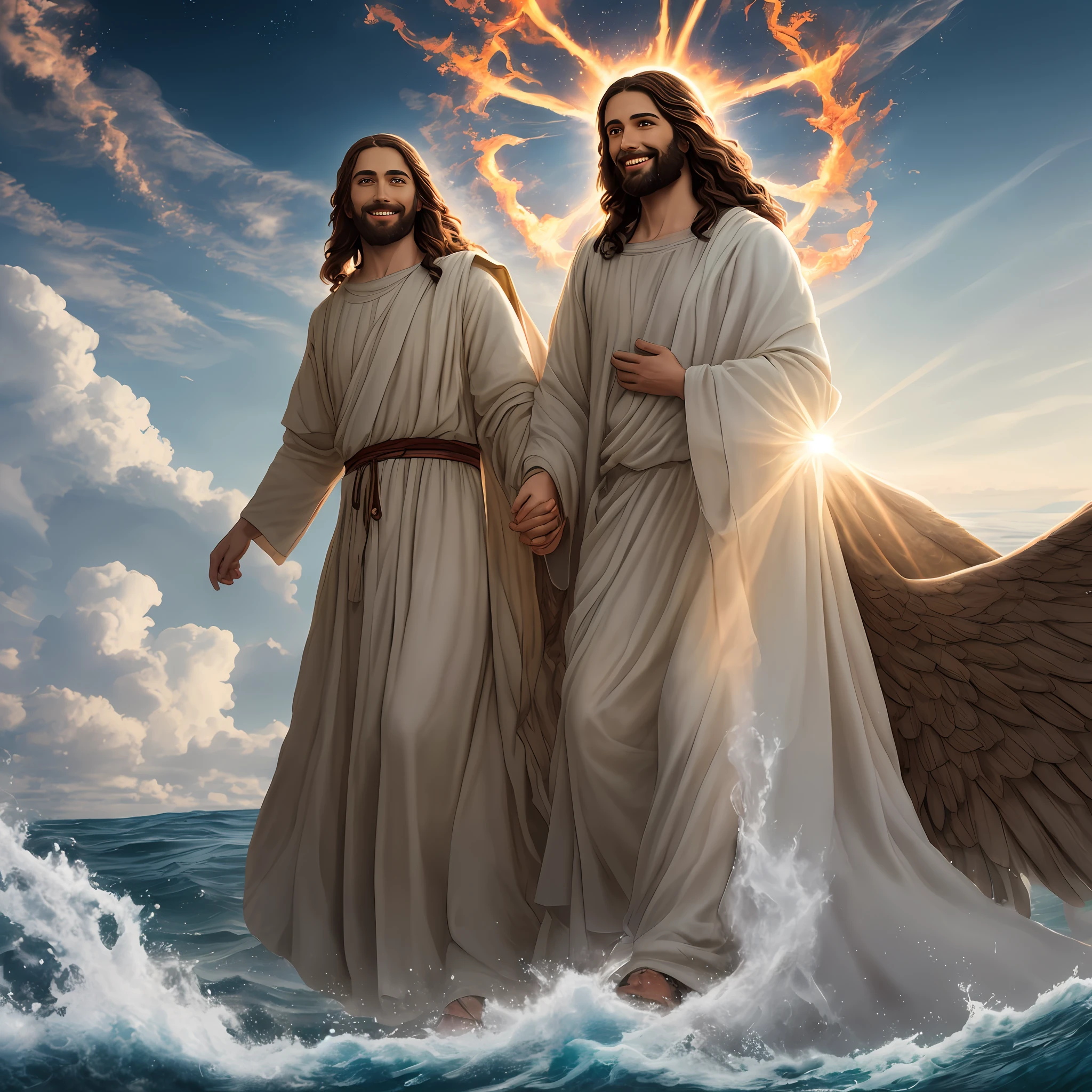 Jesus second coming in the heavens, ( Realistic) age 35 old years, Cross crown, a tunic and a golden breastplate, hair as brown as snow, eyes as flames of fire, feet as refined bronze in the furnace, light smile, Surrealism, backlighting, cinematic lighting, high quality, high details, 8K 3D best quality,Real Jesus flying on sky with a flying cloud in the background, Jesus walking on water, biblical illustration, epic biblical representation, forcing him to flee, coming out of the ocean, ! holding in hand!, disembarking, god of the ocean, beautiful representation, 8k 3D Model, realistic,
a 3D Realistic of jesus with a halo in the sky, jesus christ, smiling in heaven, portrait of jesus christ, jesus face, 35 young almighty god, portrait of a heavenly god, greg olsen, gigachad jesus, jesus of nazareth, jesus, the face of god, god looking at me, he is greeting you warmly, he is happy, avatar image