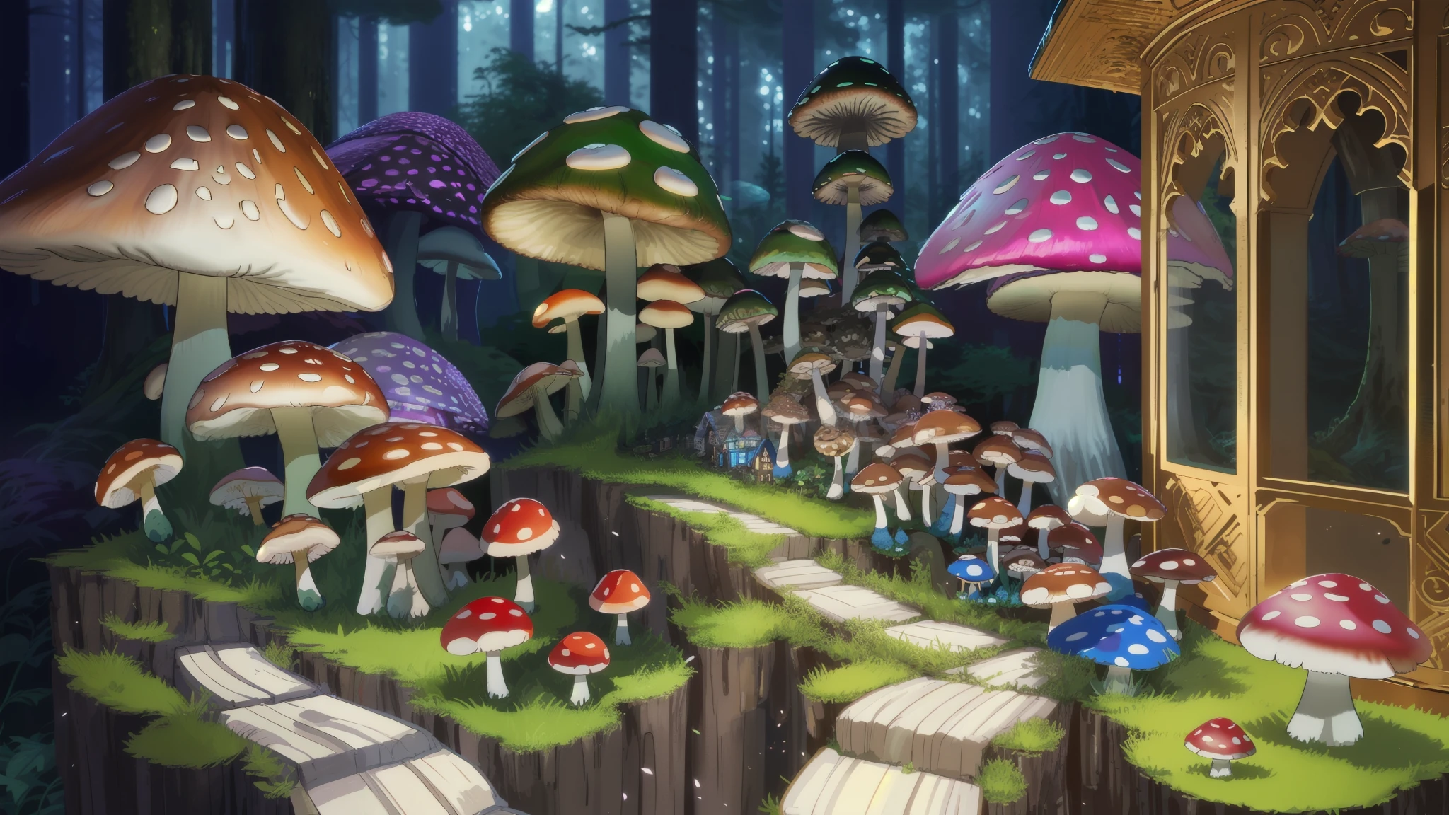 tilt shift lens,Close-up of a bunch of mushrooms in the forest, mushroom city, Mushroom forest, cyber mushroom city, mushroom house, forest made of mushrooms, mushroom trees, Stylized concept art, mushroom house, 3 d render stylized, Mushrooms are everywhere, Detailed digital 2D fantasy art, houses in the shape of mushrooms, magical fantasy 2 d concept art