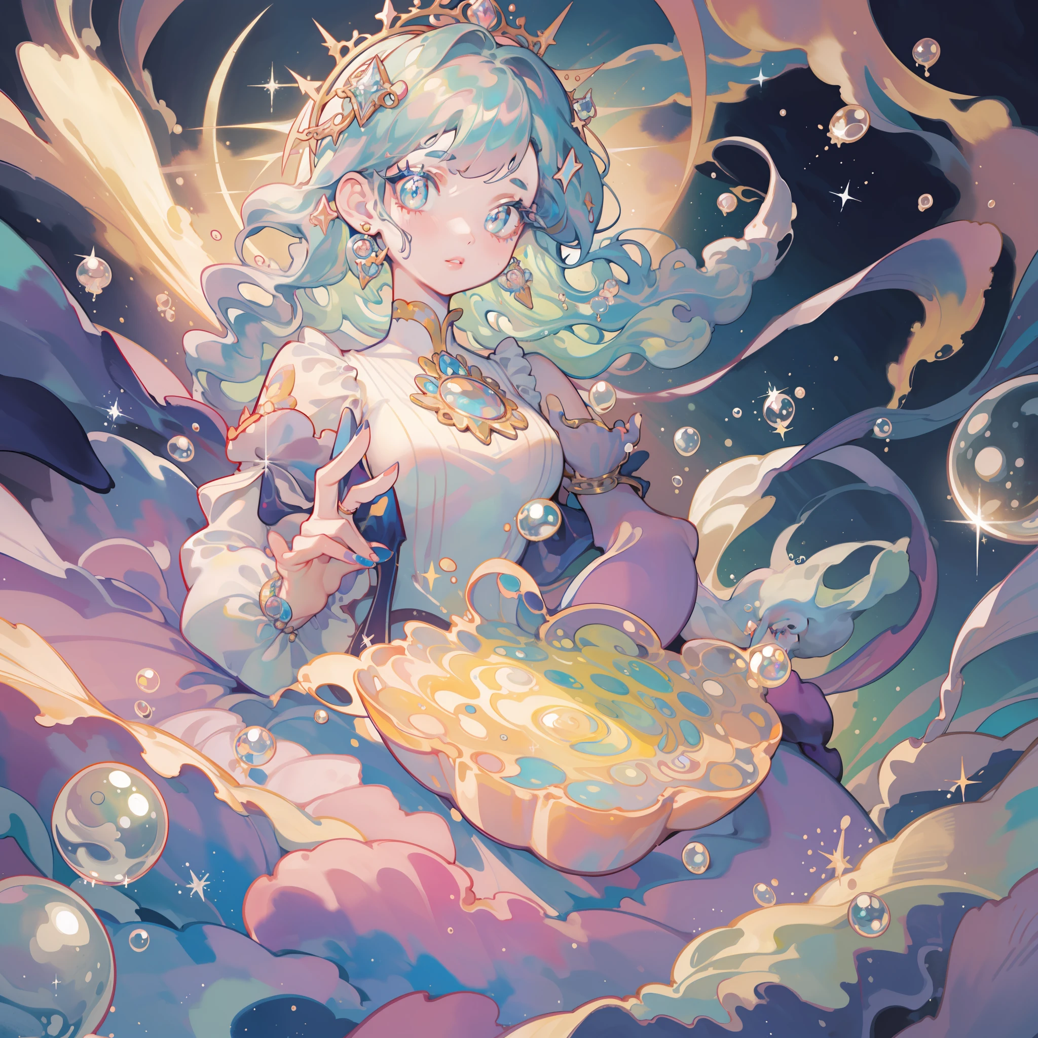 masterpiece, best quality, 8k resolution, sharp focus, intricate detail, beautiful girl, sparkling eyes, golden ratio face, otherworldly liquid, watercolor, pastel colors, bright colors, whimsical, colorful, sharp focus, high resolution, fine detail, princess layered ballgown, ((round eyes)), iridescent bubbles, magical