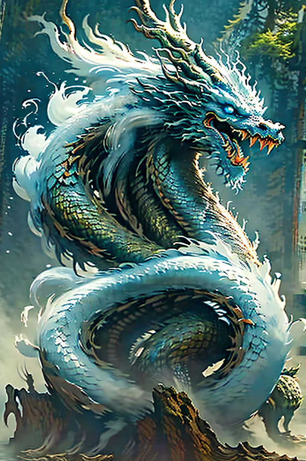 Best quality,masterpiece,ultra high res,nu no humans, (long:1.2),tree, teeth, sharp teeth, blue eyes, cloud, outdoors, 1other, fantasy, horns, sky, fog, open mouth, monster, scenery