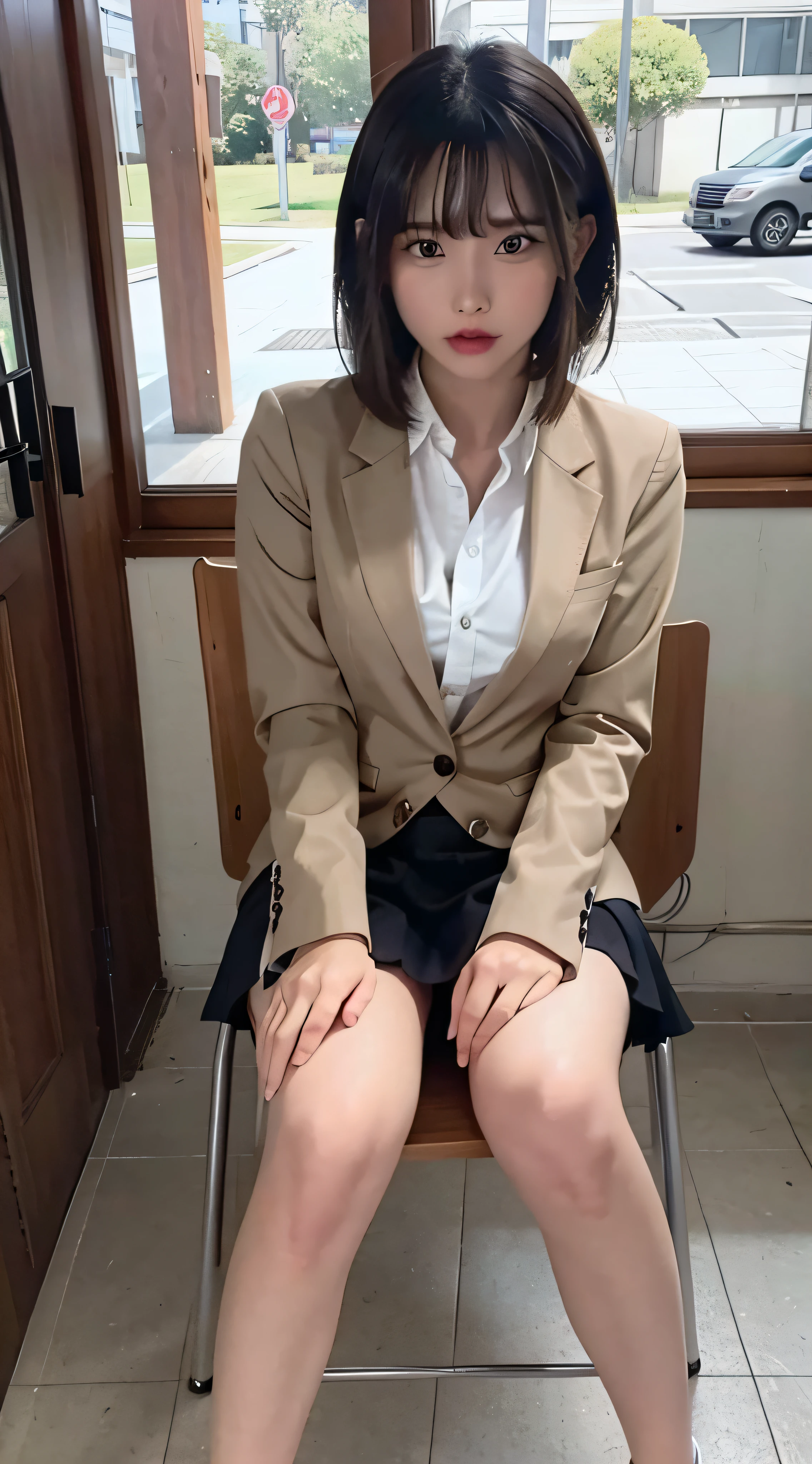 Top Quality, Photorealistic, 8K, High Definition, 1 Girl, Female, (1.8), School, Schoolgirl, Blazer, Uniform, Pubic hair visible, No panties, Skirt boldly pulled up, ((Sit in chair and legs wide open)), Bend your knees and open your legs, Slightly shorter hairstyle, Grab your knees with your hands to open your legs, Buttoned shirt flutters