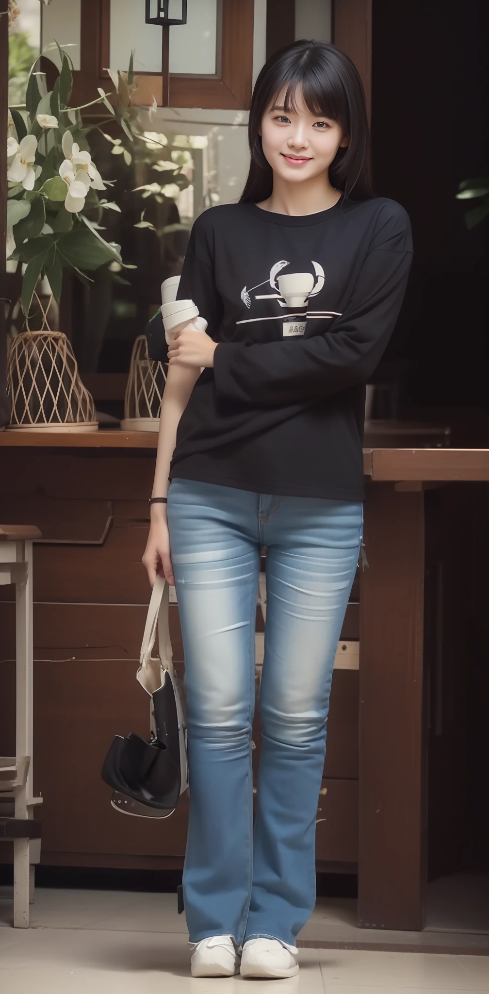 Zhu Ai_Villas,RAW photos,Brand photos,(highdetailskin:1.2),8k ultra high definition,digital SLR camera,gentlesoftlighting,high high quality,filmgrain,富士XT3,20 years old Asian woman,Wear simple clothes,T-shirt and skinny jeans,Detailed clothing details:1.3,perfect body figure,Super detailed facial details and skin,Fair and tender face and skin,二重まぶた,Super detailed eyes,fully body photo