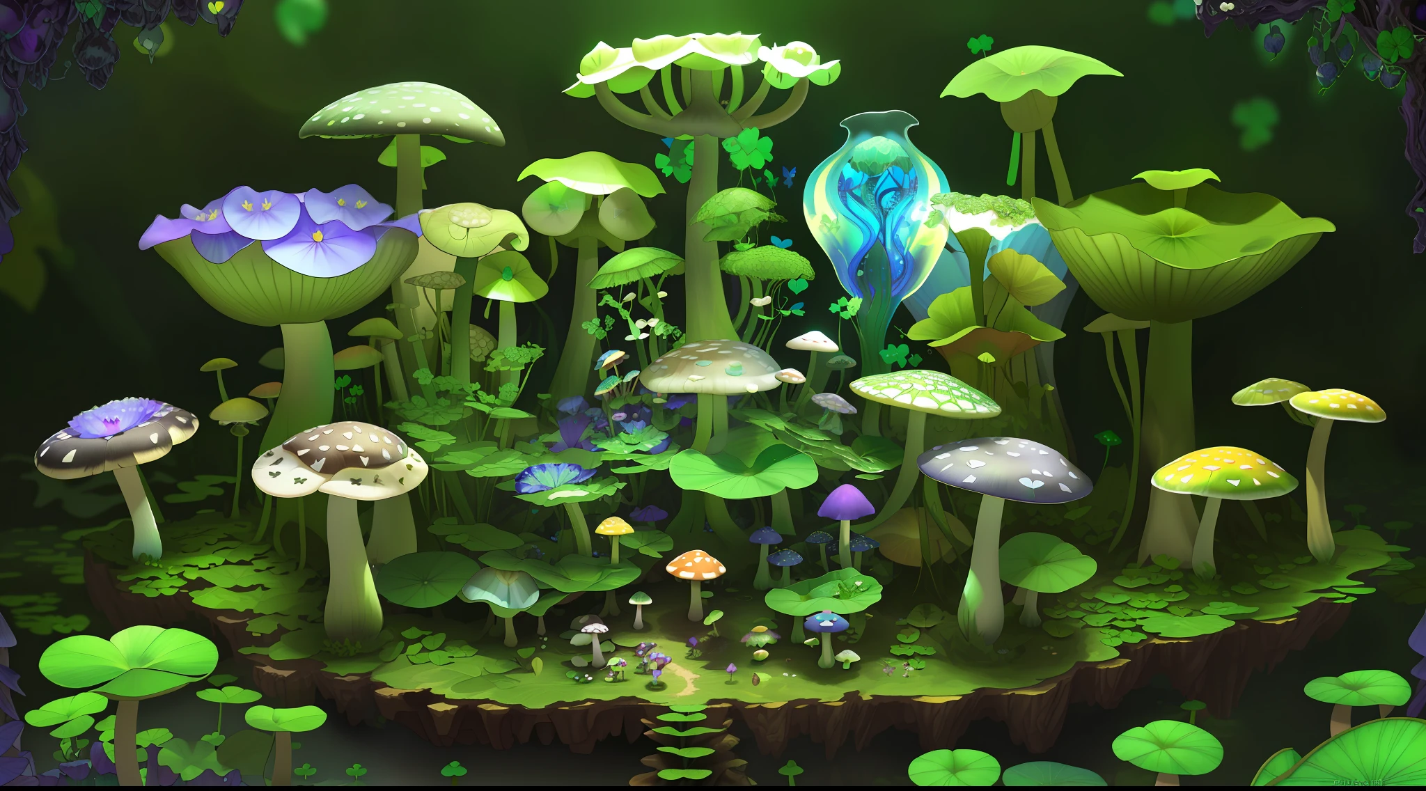 "Mushroom forest with glass goblet,s fractal art,morning glory,butterflys,lotuses,four-leaf clover,morning glory,Cyber Mushroom Forest,Ultra-detailed digital fantasy art。Mushrooms are everywhere in the picture,The unique mushroom shape creates a magical casa scene。"
