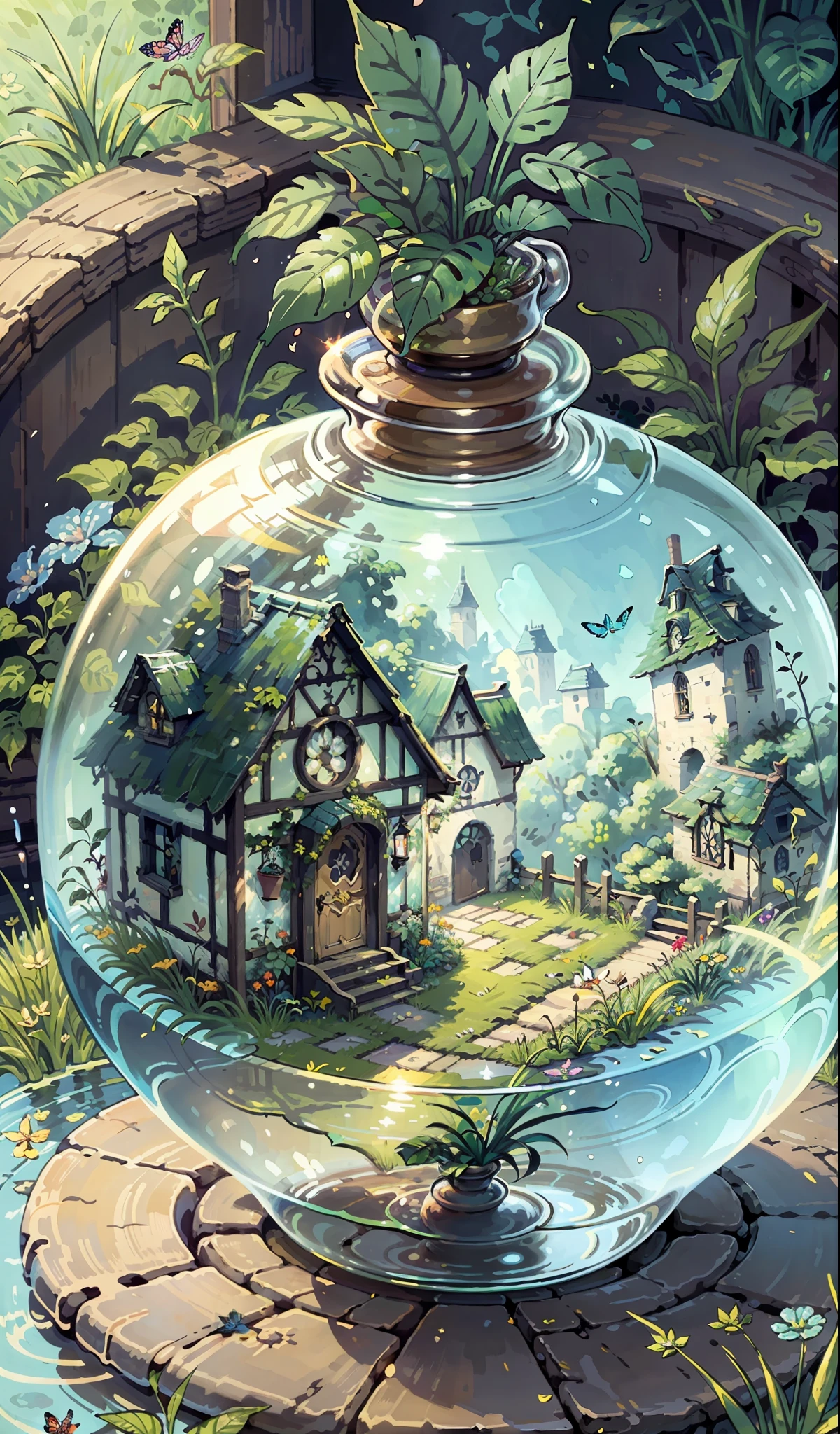 (masterpiece, best quality:1.2), (ultra detailed),(illustration), wallpaper, original, Round-bottom flask, grass, vine, water, butterfly, nature, shining, surrounded by light, Terrarium, RPG style, cartoony, fantasy, mobile game,(shining)