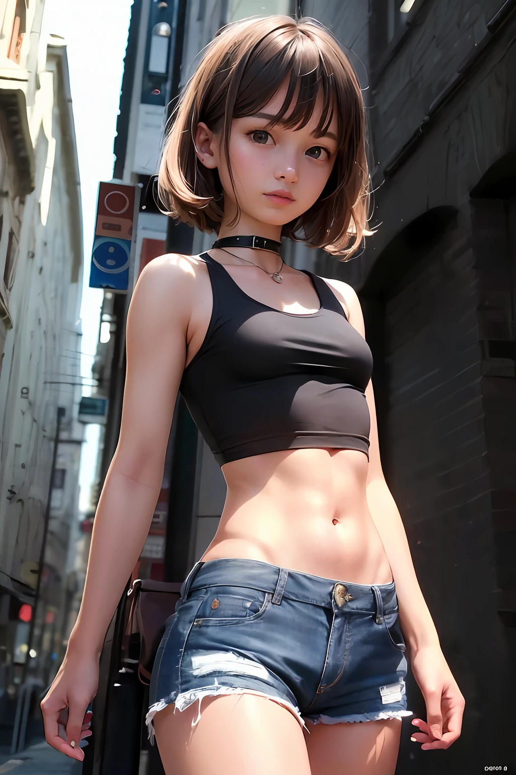 ((Realistic lighting, Best quality, 8K, Masterpiece: 1.3)), Clear focus: 1.2, 1girl, Perfect Figure: 1.4, Slim Abs: 1.1, ((Dark brown hair)), (White crop top: 1.4), (Outdoor, Night: 1.1), City streets, Super fine face, Fine eyes, Double eyelids,