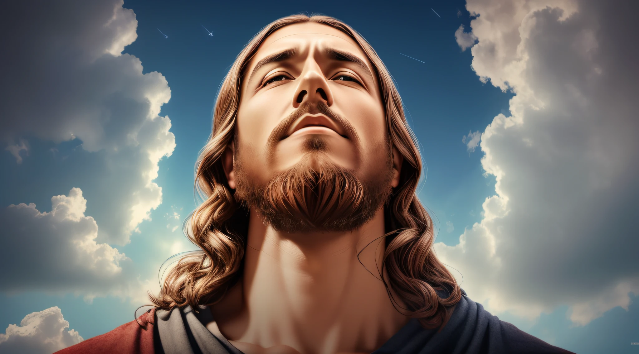 Award-winning realistic photo of Jesus Christ (looking up at the sky:1.3), expression conveying a sense of satisfaction and victory, hyper detailed 4k