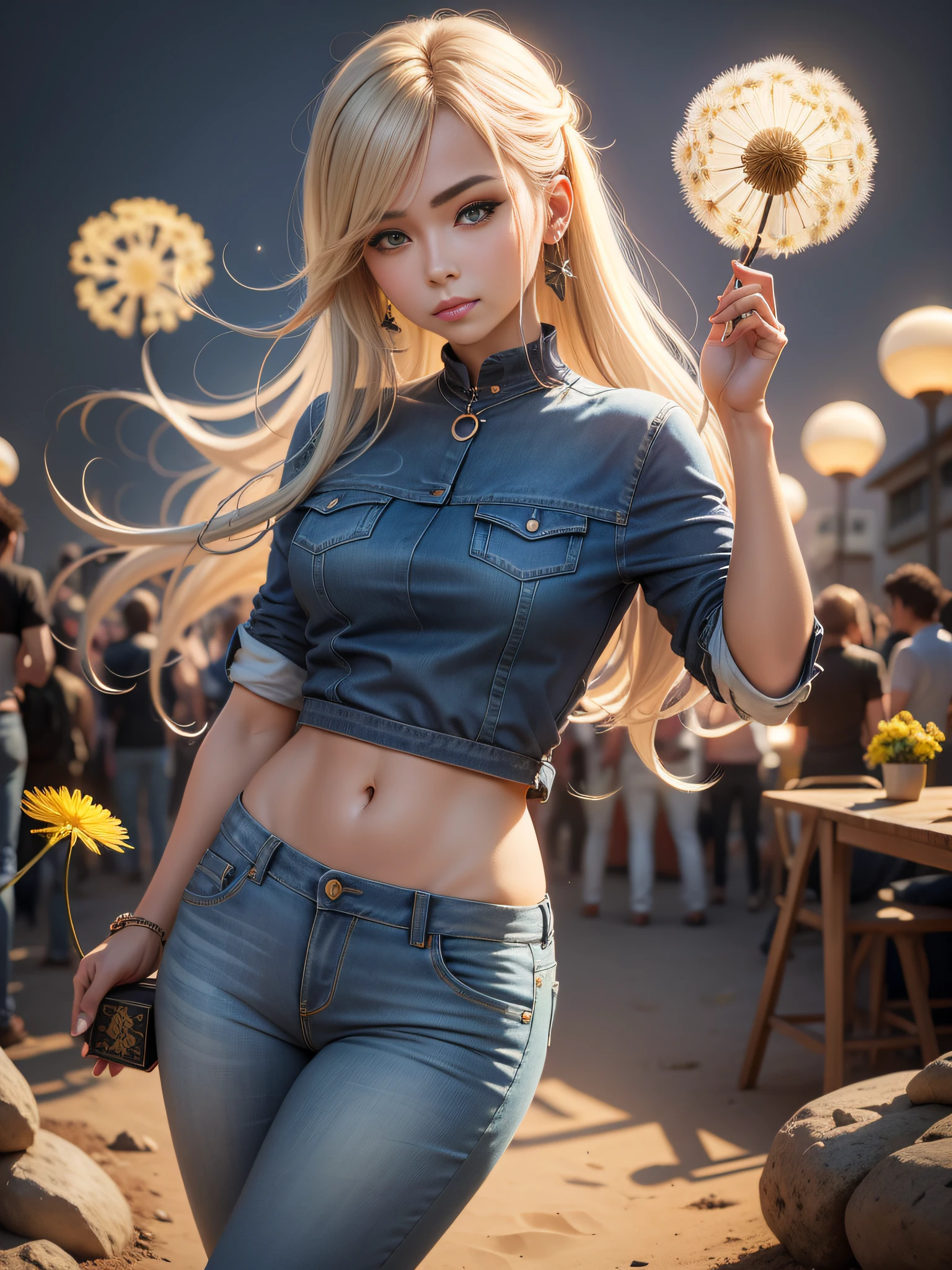 Tampo de colheita do tanque, jeans curto, parte superior do corpo, cabelo longo, vento, pastagem, DANDELION, Flores silvestres, Luminismo, vivid color, Estilo de arte Genshin Impact. baixo poli, isometric art, Arte 3D, alto detalhe, art-station, arte conceitual, Behance, ray tracing, Foco suave, claro, etherial lighting