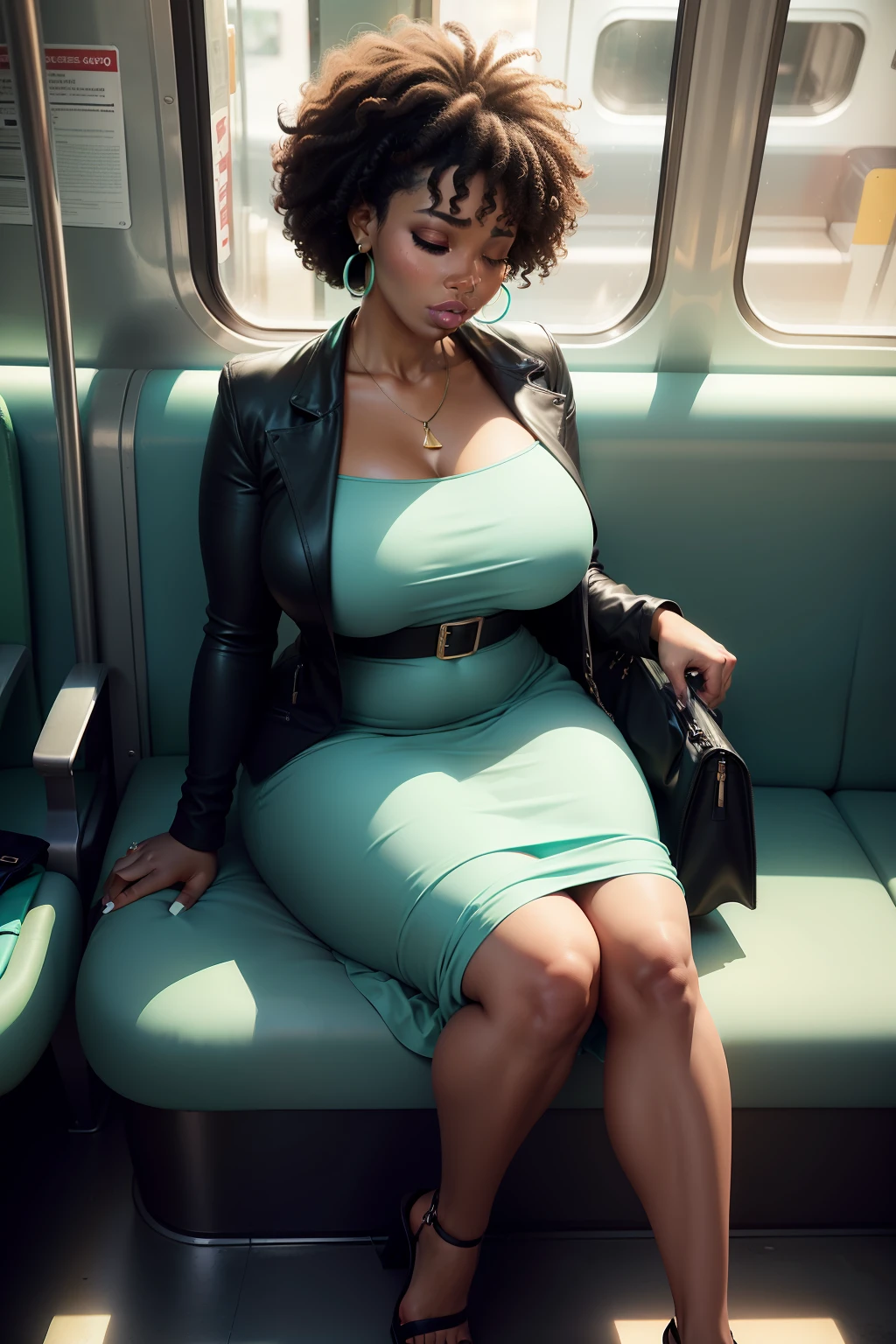 1 beautiful woman, large body, eyes closed, eyelids made up, medium earrings, short afro hair, mint green dress, black jacket over the dress, sandals, large turquoise bag, long eyelashes, full lips, mouth open, head resting on the seat , sleeping lying on the train