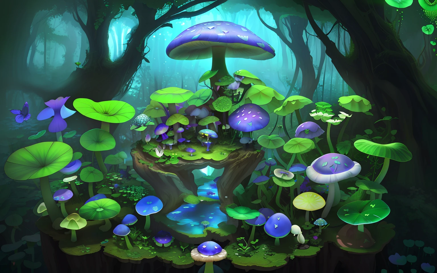Mushroom forest with glass goblet,s fractal art,morning glory,butterflys,lotuses,four-leaf clover,morning glory,Cyber Mushroom Forest,Ultra-detailed digital fantasy art。Mushrooms are everywhere in the picture,The unique mushroom shape creates a magical casa scene