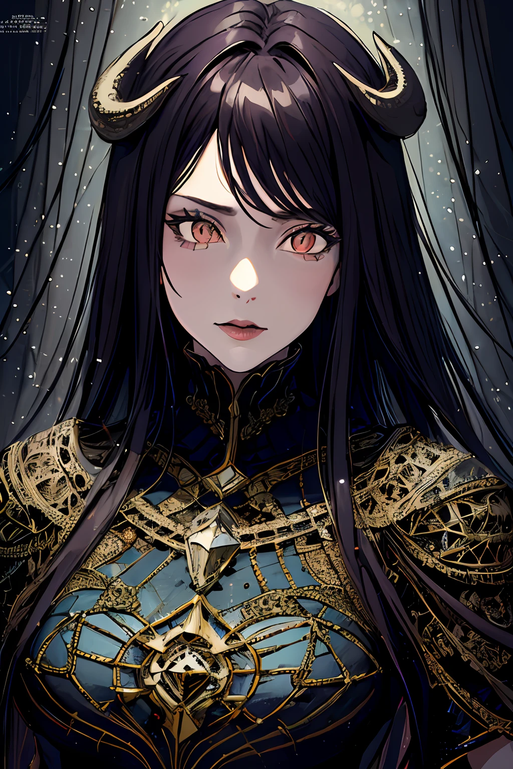 (masterpiece, top quality, best quality, official art, beautiful and aesthetic:1.2), cateyes,1girl, solo, armour, magic, light particles, upper body, extreme detailed, highest detailed, optical mixing, playful patterns, lively texture, unique visual effect, ((dark fantasy)), (darker colours:1.3), Ominous energy, eldritch Horror, ((Intricate Details)),