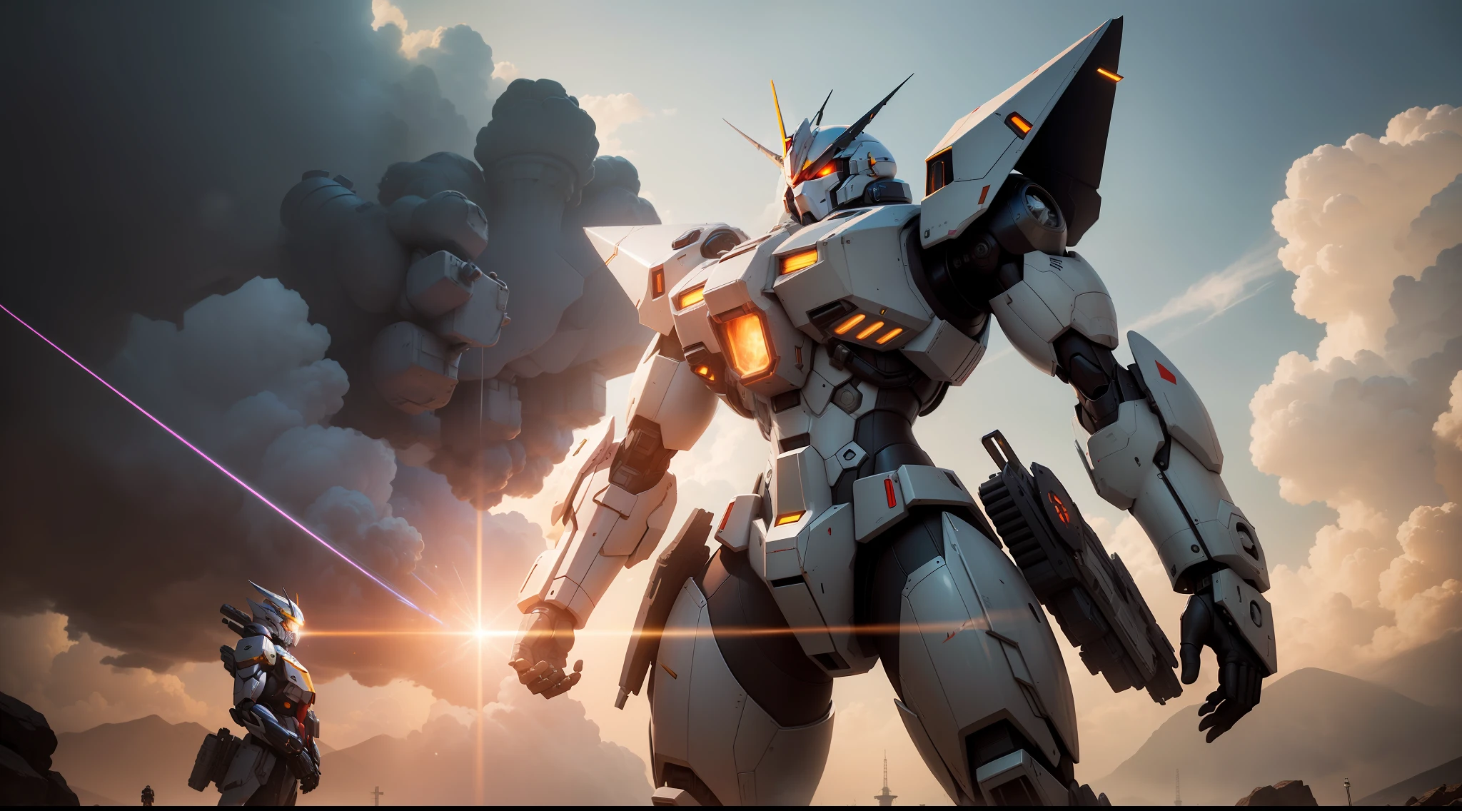 Surrealism, Ray Tracing, Photorealistic, UHD, High Detail, 32k, Best Quality, Textured Skin, Gundam Mecha, Flight, Funnel, Mecha Ship, Masterpiece, Best Quality, Mecha, Unmanned, (Full Body), (Black Mecha: 1.8), (Axisymmetric: 1.4), (HDR), (Movie Light: 1.1), White Eyes, Cool, Science Fiction, Fire, Universe, oversized shield, mecha man overlooking the background of the earth, with laser cannon beams, wars, conflicts, weapons in hand (has a huge weapon: 1.5),
