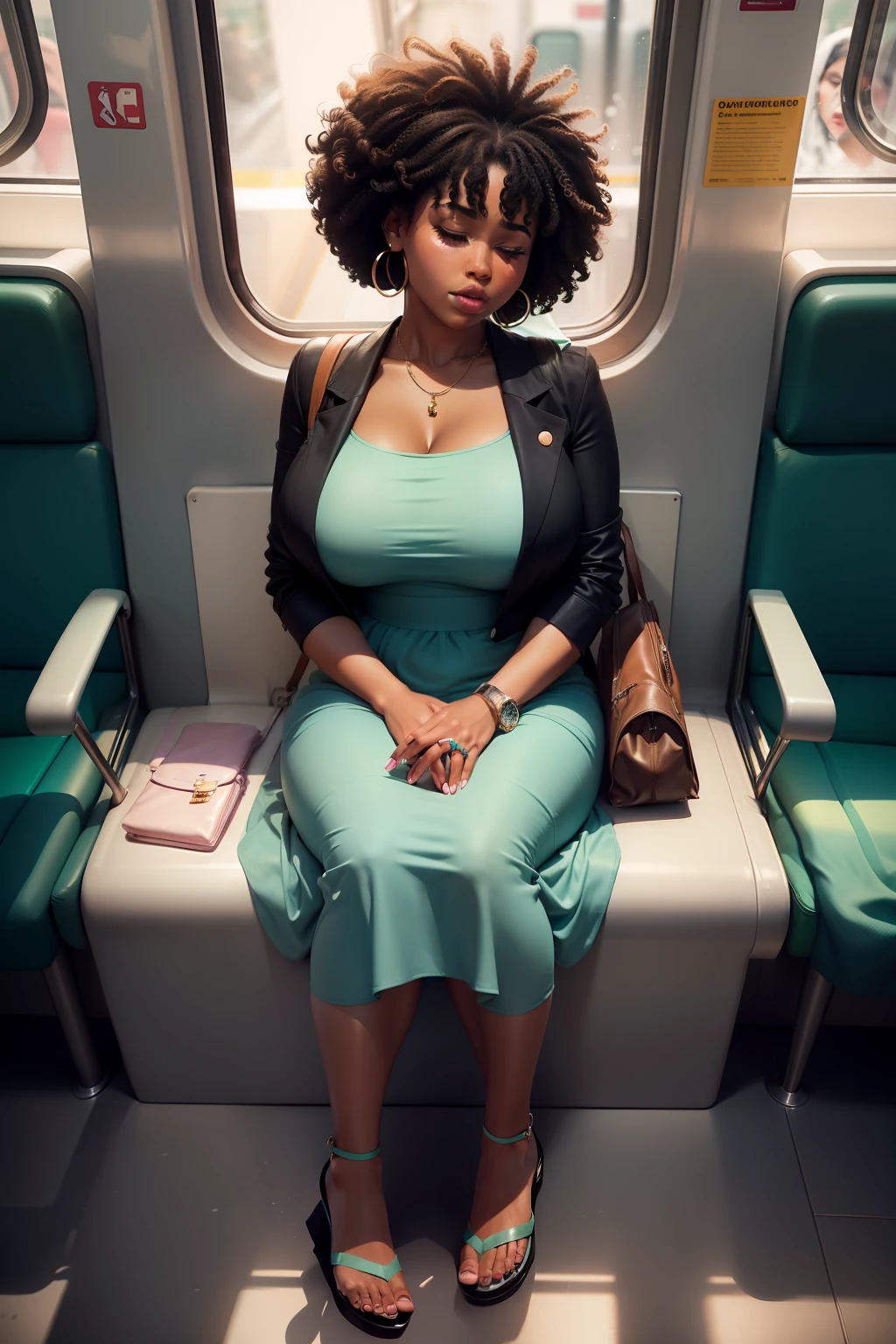 1 beautiful woman, large body, eyes closed, eyelids made up, medium earrings, short afro hair, mint green dress, black jacket over the dress, sandals, large turquoise bag, long eyelashes, full lips, mouth open, head resting on the seat , sleeping lying on the train