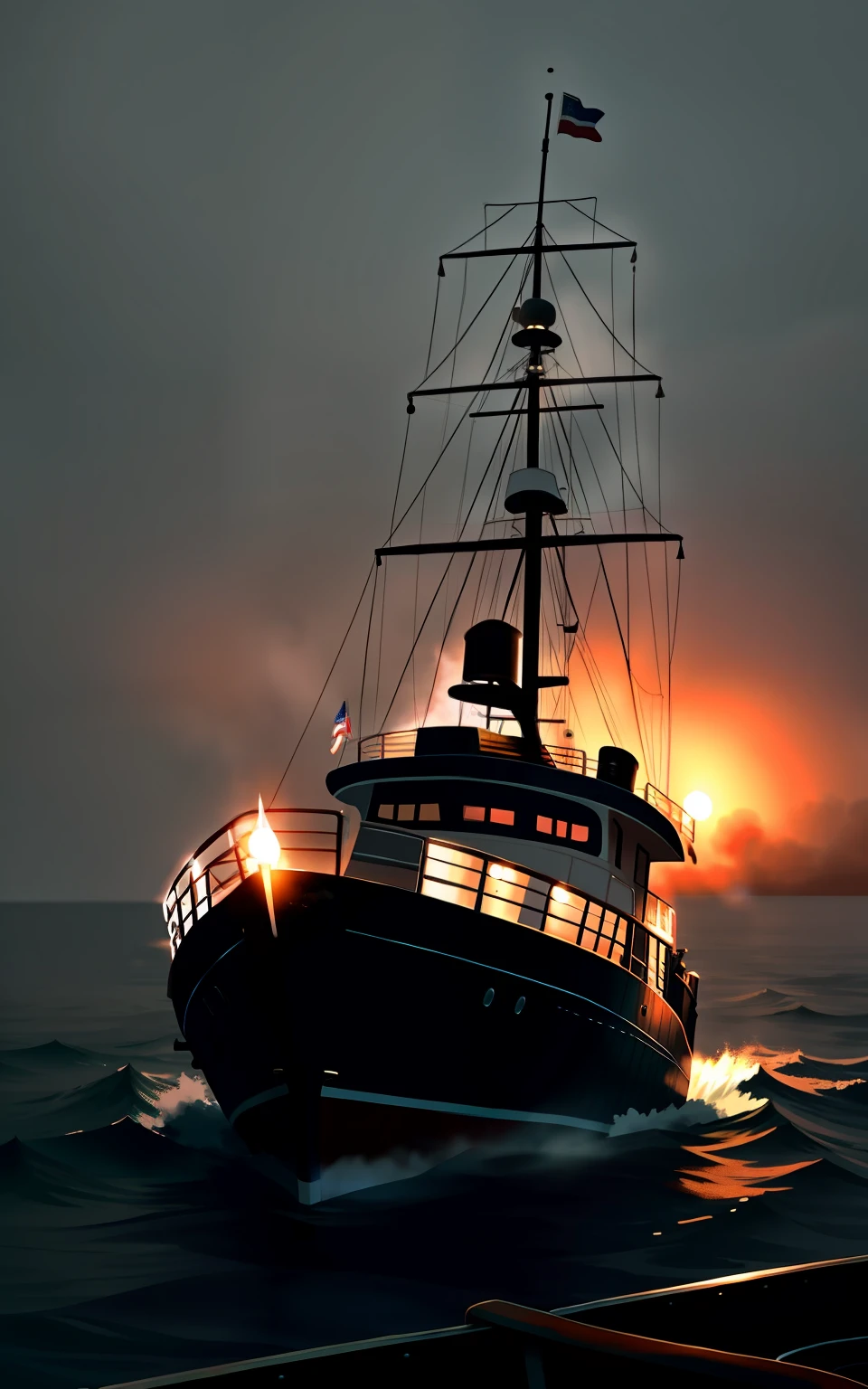 steamboat from the 1940s, sailing in dense fog, low light, headlights on top of the boat