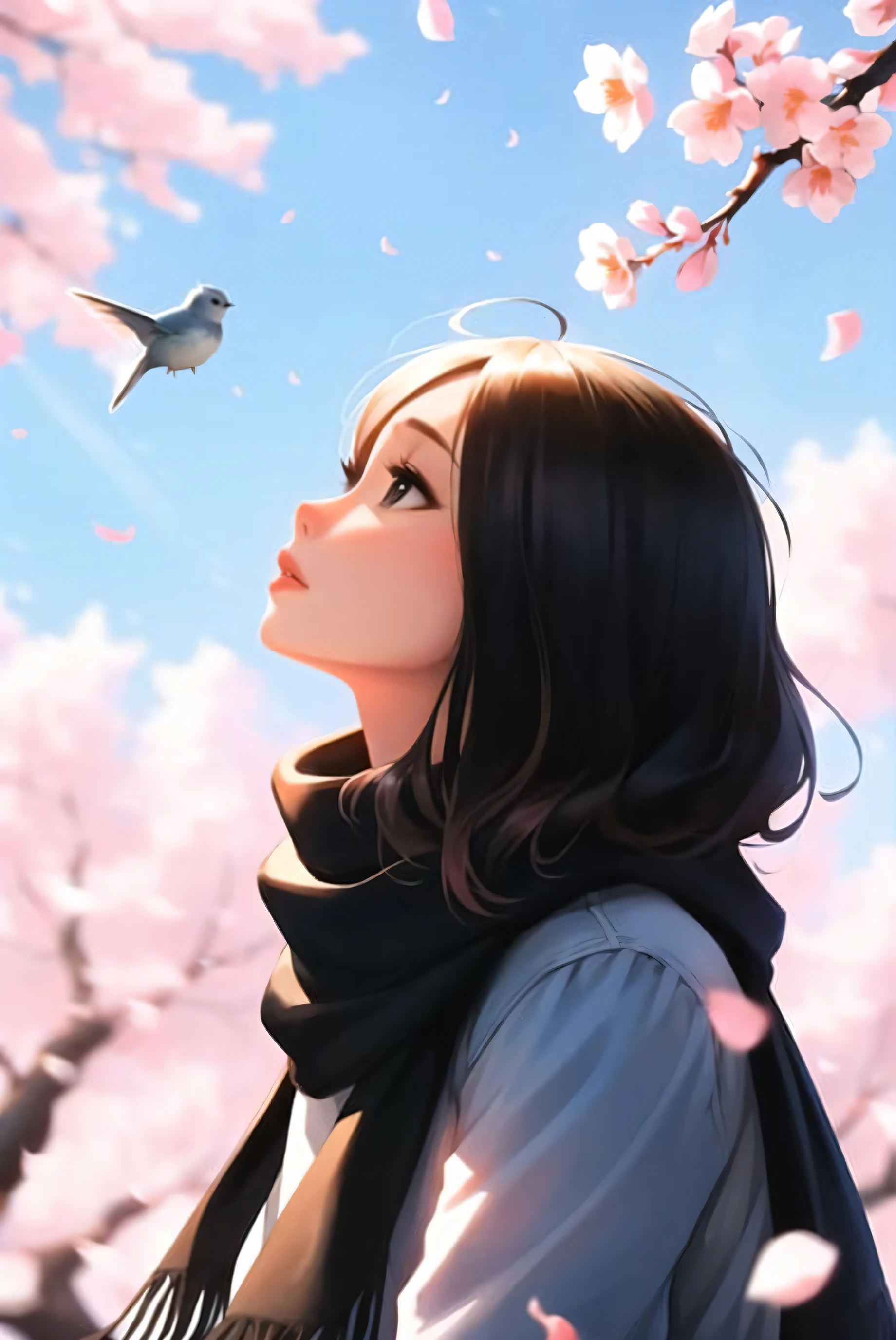 sam yang,

1girl, bird, black eyes, black hair, blurry, blurry background, cherry blossoms, lips, long-tailed tit, looking up, medium hair, profile, scarf, solo, tit (bird)

, ((masterpiece))