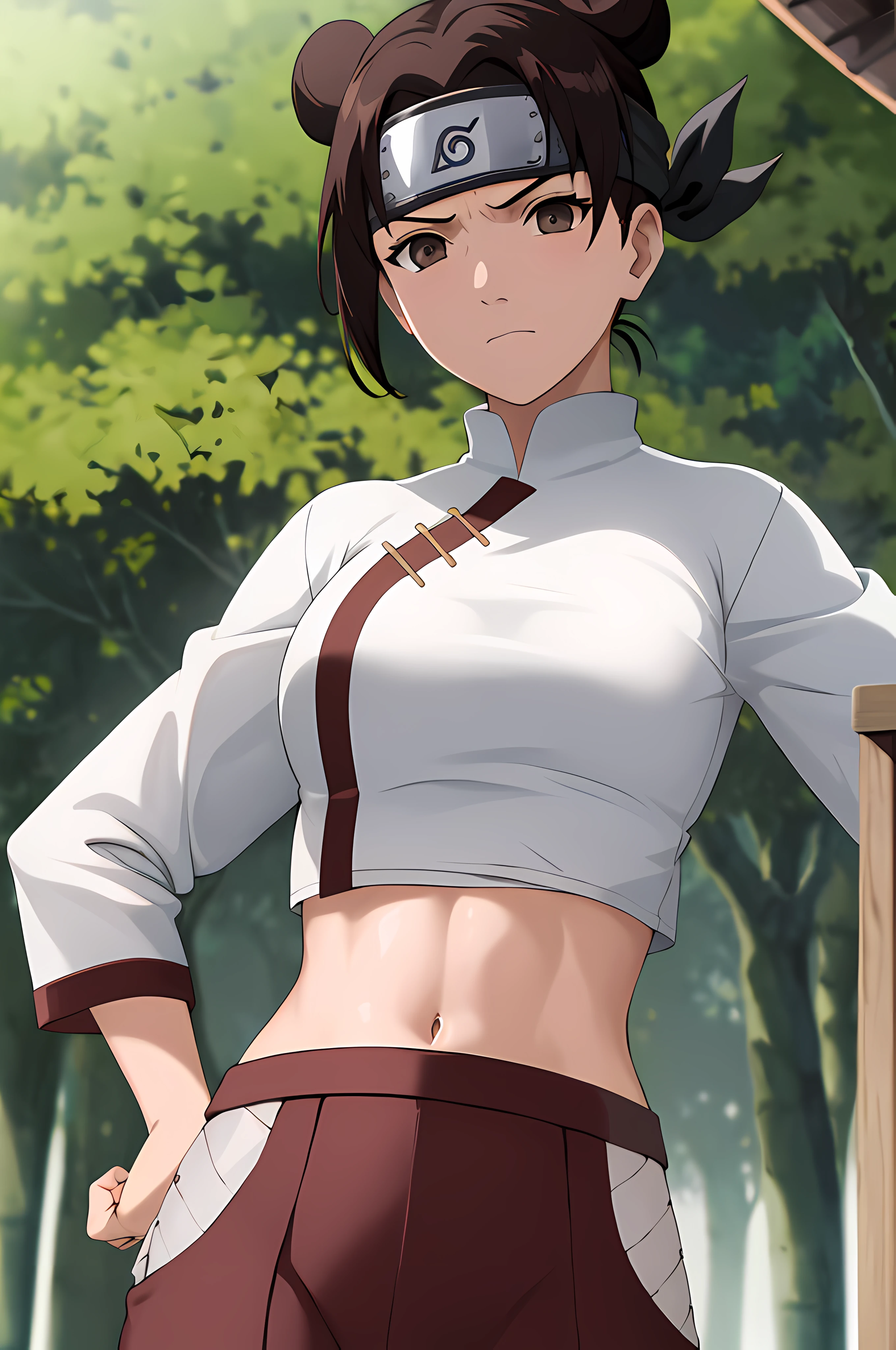 masterpiece, absurdres , (intricate details), (colorful),cinematic lighting,bust shot,extremely detailed CG unity 8k wallpaper,tenten\(shippuden\), 1girl, solo, hakama pants, (white shirt), medium breasts, hand on hip,forehead protector, konohagakure symbol, headband, looking at viewer, outdoors, bamboo forest, frown, (((tight fitting clothes))), ((midriff)), skinny, (((busty))),