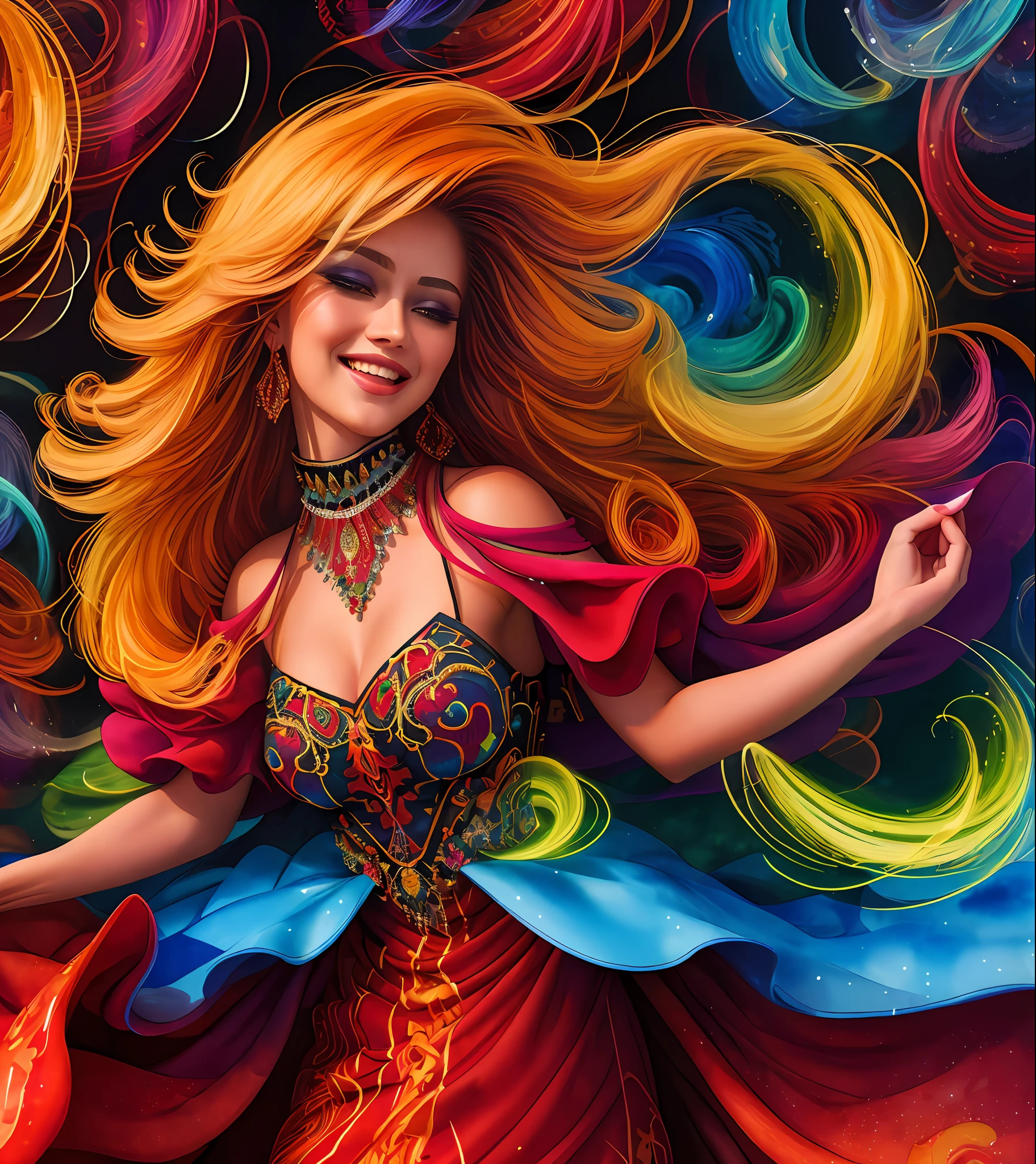 masterpiece,4K,best quality,absurdres, white background ,smiling,(masterpiece, top quality, best quality, official art, beautiful and aesthetic:1.2), extreme detailed, colorful, highest detailed, (watercolour painting:1.3), optical mixing, playful patterns, lively texture, rich colors, unique visual effect, (masterpiece, top quality, official art), (light painting), (long exposure:1.2), dynamic streaks, extreme detailed, black paintings, red and black, candid moments captured, slumped, draped, 
hc_gown, a woman wearing a chic blue dress decorated with shiny jewels, cowboy shot,