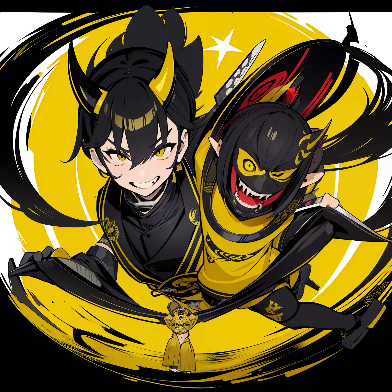 black and yellow, Hannya style 0mib mask, illustrator, masterpiece, high quality, 8k, high resolution, high detailed, japanese, samurai