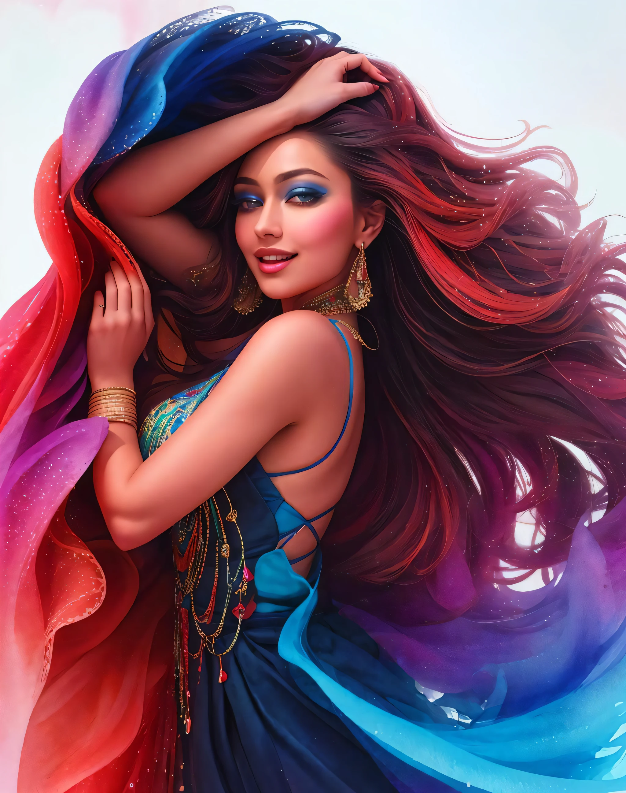 masterpiece,4K,best quality,absurdres, white background ,smiling,(masterpiece, top quality, best quality, official art, beautiful and aesthetic:1.2), extreme detailed, colorful, highest detailed, (watercolour painting:1.3), optical mixing, playful patterns, lively texture, rich colors, unique visual effect, (masterpiece, top quality, official art), (light painting), (long exposure:1.2), dynamic streaks, extreme detailed, black paintings, red and black, candid moments captured, slumped, draped,
hc_gown, a woman wearing a chic blue dress decorated with shiny jewels, cowboy shot,