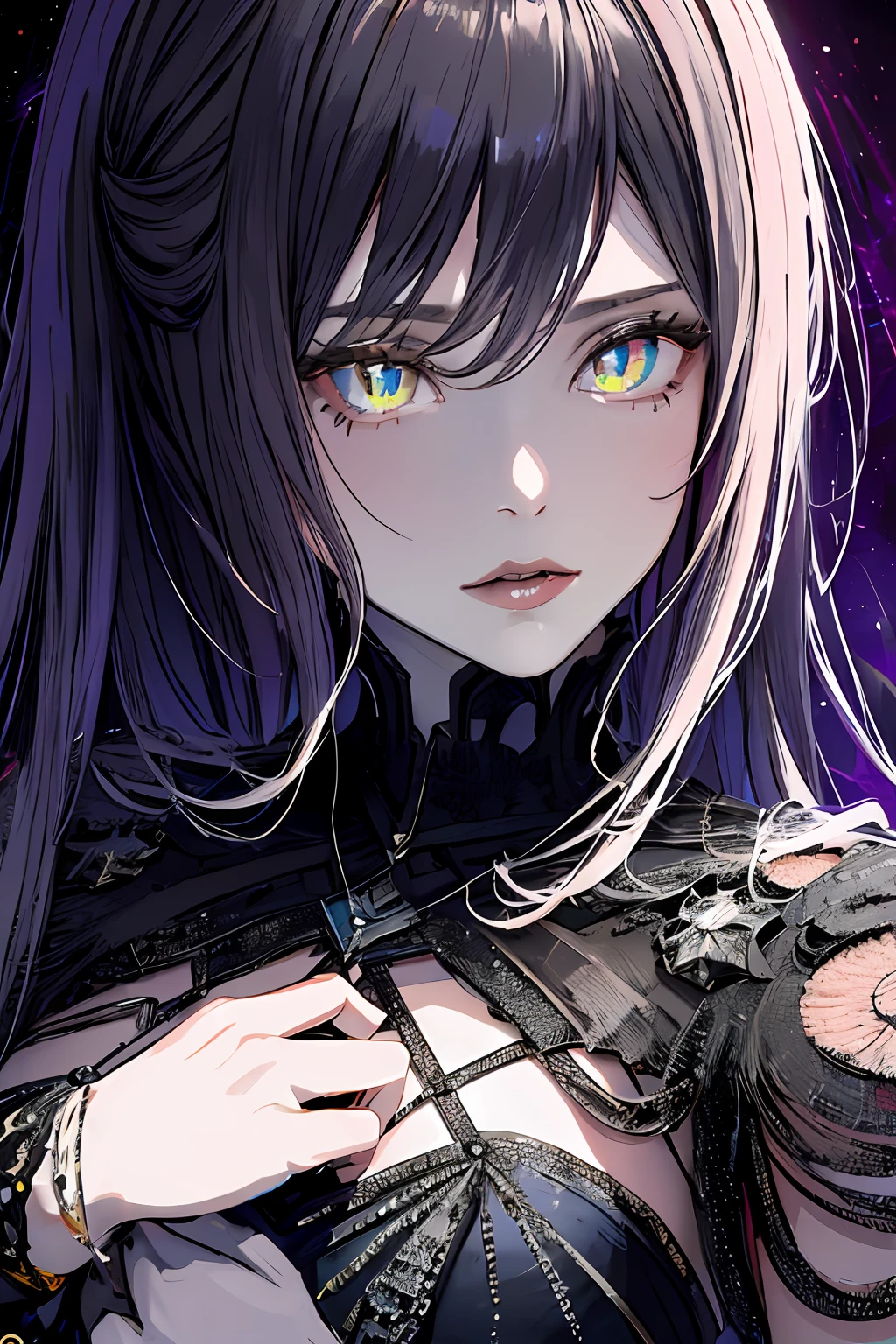 (masterpiece, top quality, best quality, official art, beautiful and aesthetic:1.2), cateyes,1girl, solo, (Stunning Eyes), armour, magic, light particles, upper body, extreme detailed, highest detailed, optical mixing, playful patterns, lively texture, unique visual effect, ((dark fantasy)), (darker colours:1.3), Ominous energy, eldritch Horror, ((Intricate Details)),