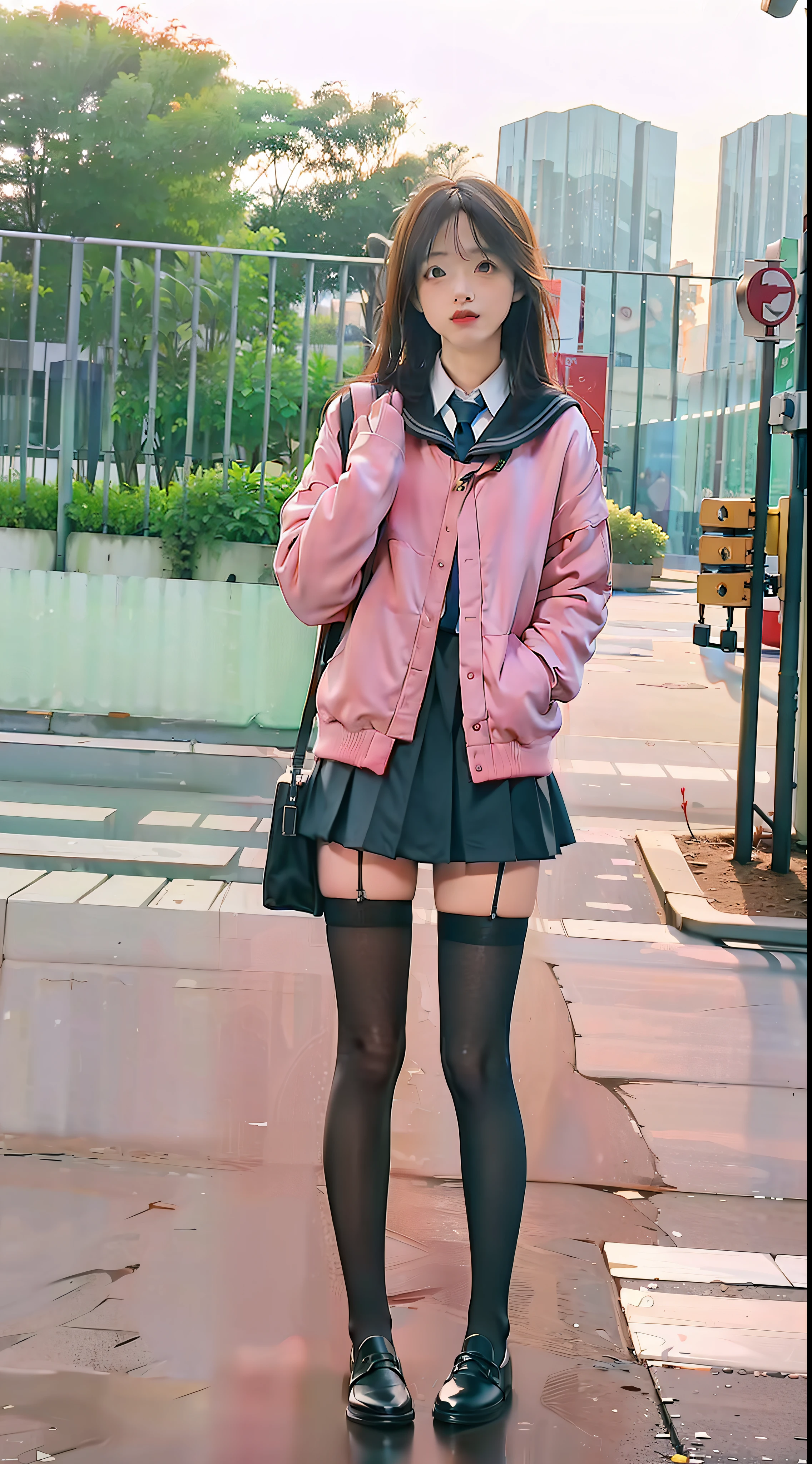 girlfriend,Color scheme,ta style,Female pervert,Student uniform leather shoes,long leges,(Full Focus),(Full body shot :2),Must show your face,Must have stockings,The stocking style is pantyhose,hyper HD,High detail, Chiaroscuro, Cinematic lighting, Masterpiece, Ray traching,structurally correct, Super detail, High quality, High details, Best quality, 16k,anatomy correct