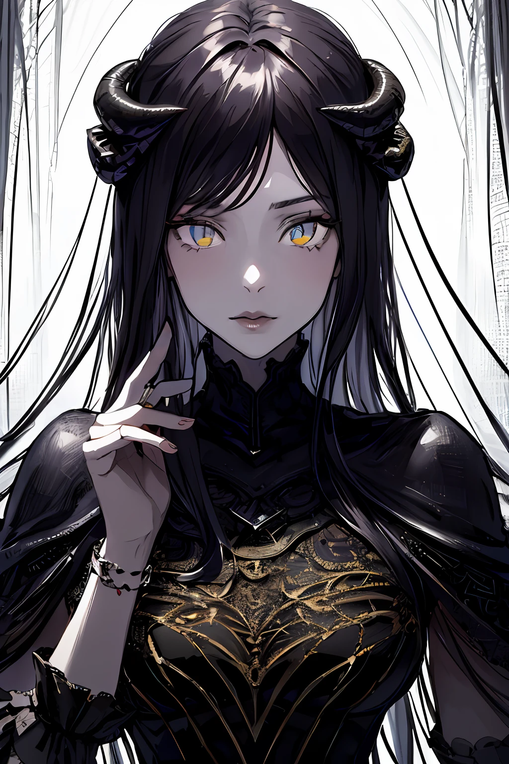 (masterpiece, top quality, best quality, official art, beautiful and aesthetic:1.2), cateyes,1girl, solo, (Stunning Eyes), armour, magic, light particles, upper body, extreme detailed, highest detailed, optical mixing, playful patterns, lively texture, unique visual effect, ((dark fantasy)), (darker colours:1.3), Ominous energy, eldritch Horror, ((Intricate Details)),