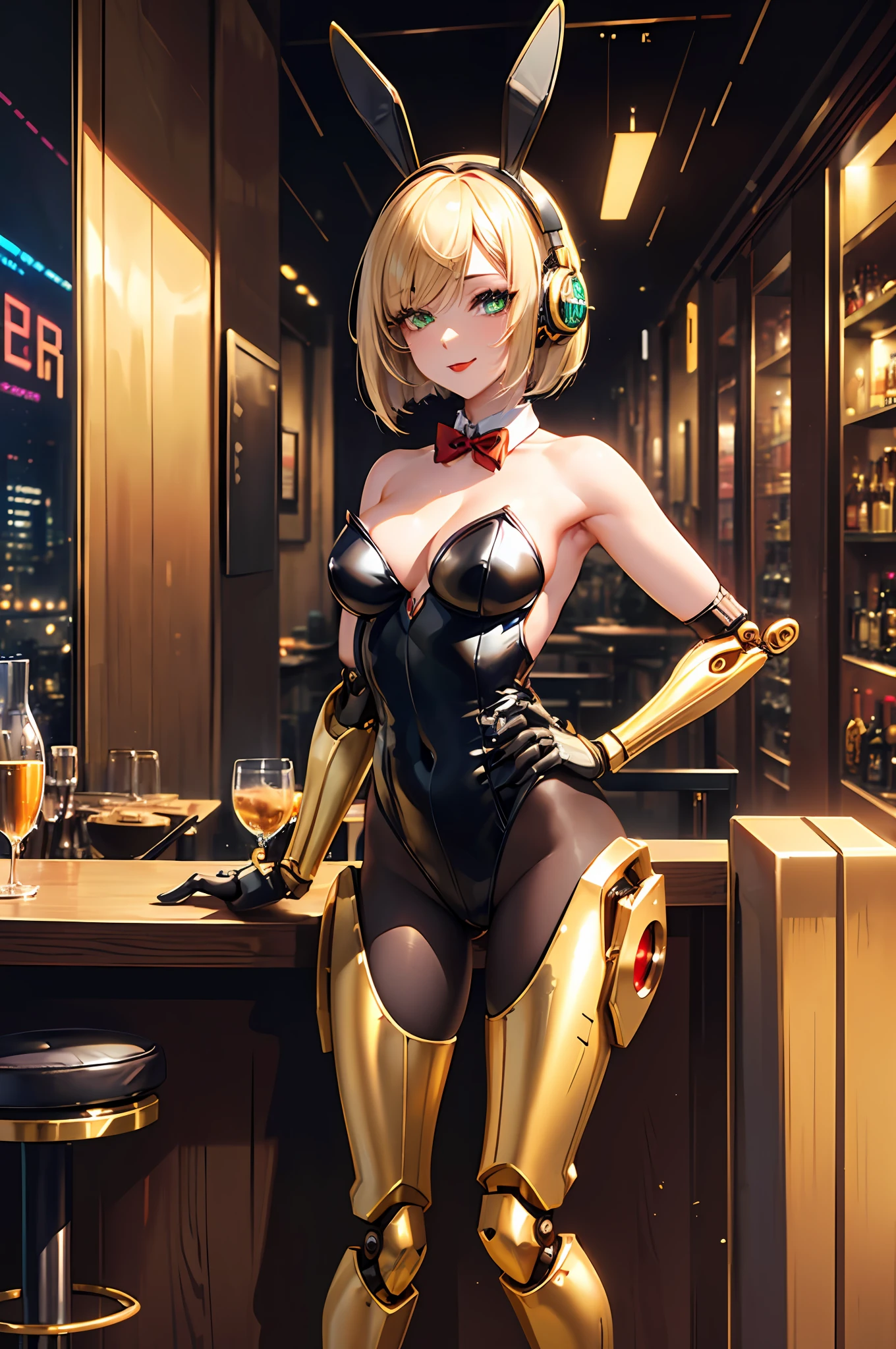 Top quality, intricate detail, super detailed, accurate depiction, highly detailed 8k wallpaper, beautiful mechanical woman, solo, (half closed eyes, green eyes), (masterpiece eyes), BREAK, seductive smile, (mechanical bunny girl: 1.3), (black exoskeleton leotard: 1.5), (golden color mechanical joints, mechanical arms, mechanical legs:1.5), (exposed shoulders, exposed armpits), BREAK, (long eyelashes, red lips), bowtie, rabbit ear headphones, rabbit tail, (blonde hair, bob cut), (5fingers, 4fingers and 1thumb), BREAK, cyberpunk, (bar), bar counter and round chairs, wine, whiskey, bourbon, neon signboard, arms behind back, sitting, crossed legs,