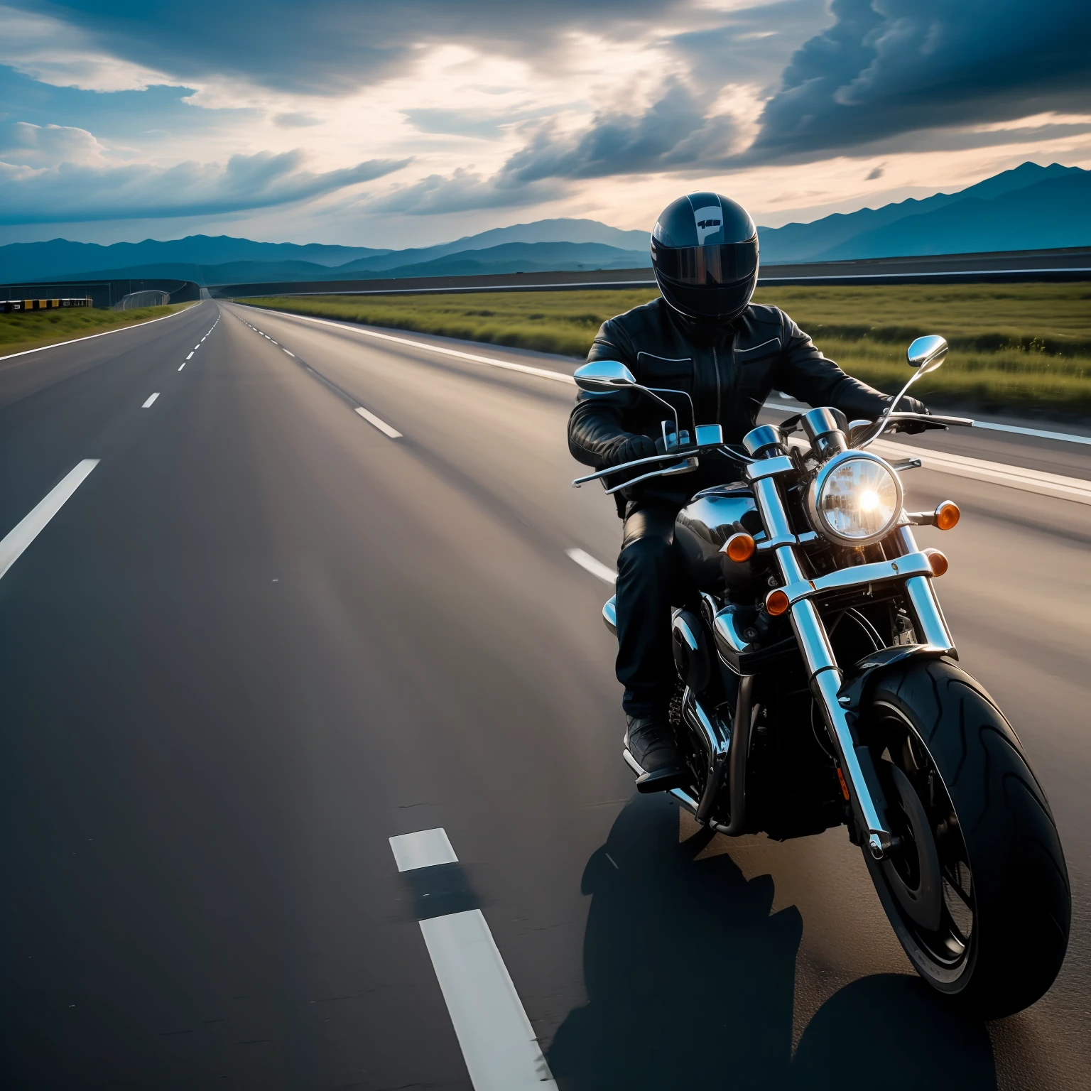 a biker driving very fast on a highway, morning time, cloudy weather