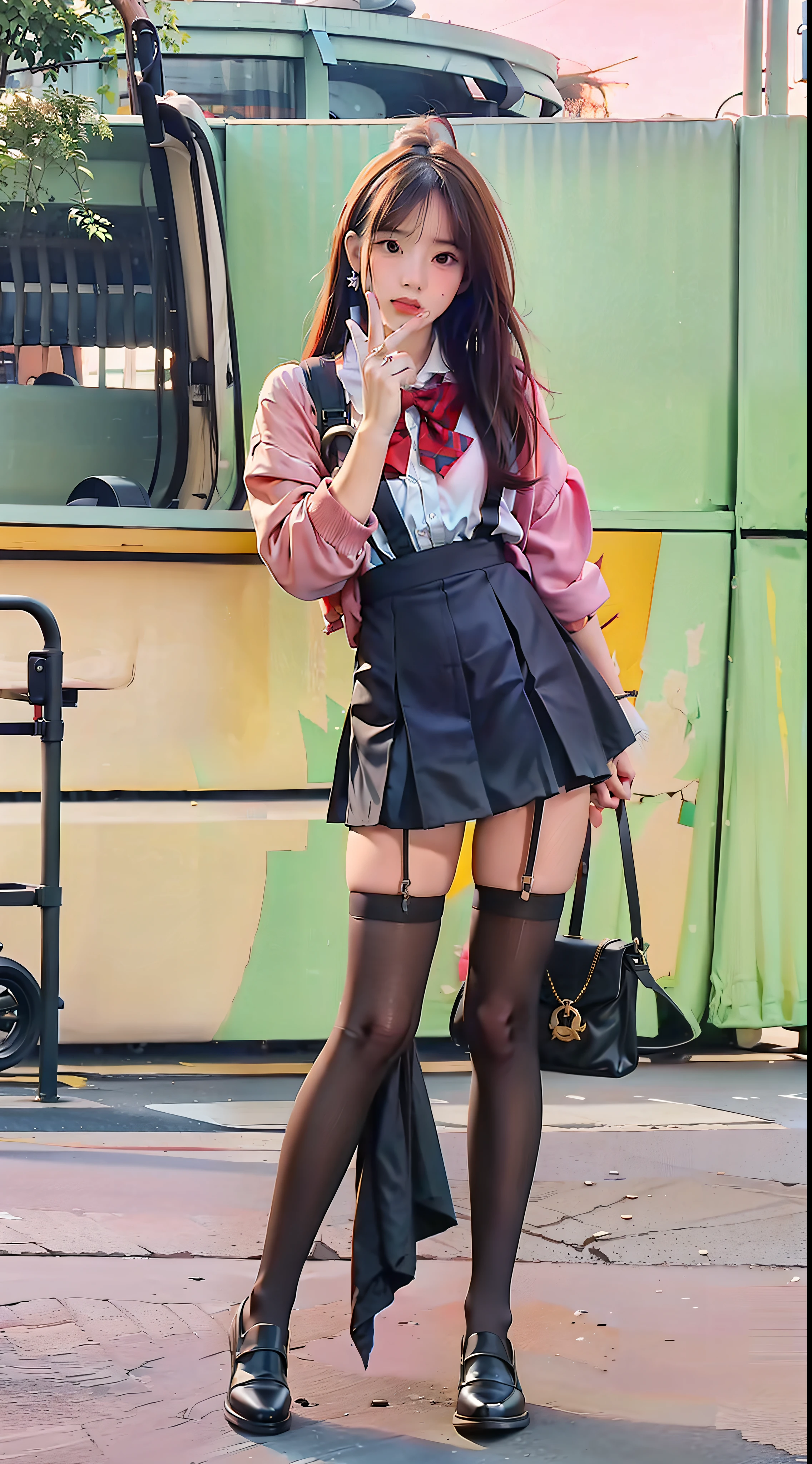 girlfriend,Color scheme,Lolita style,Female pervert,Student uniform leather shoes,long leges,(Full Focus),(Full body shot :2),Must show your face,Must have stockings,The stocking style is pantyhose,hyper HD,High detail, Chiaroscuro, Cinematic lighting, Masterpiece, Ray traching,structurally correct, Super detail, High quality, High details, Best quality, 16k,anatomy correct