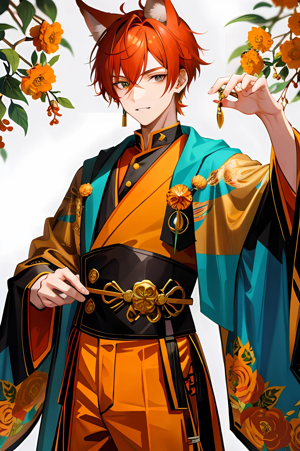 Male teenager，The hair is orange-red，Hair fades gray，fox ear，Republic of China costumes，Yellow floral earrings，There are two moles under the right eye，mole under left eye