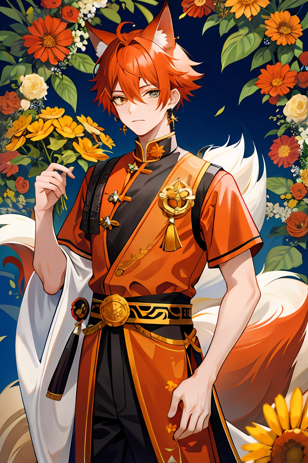 Male ager,The hair is orange-red,Hair fades gray,fox ear,Republic of China costumes,Yellow floral earrings,There are two moles under the right eye,mole under left eye