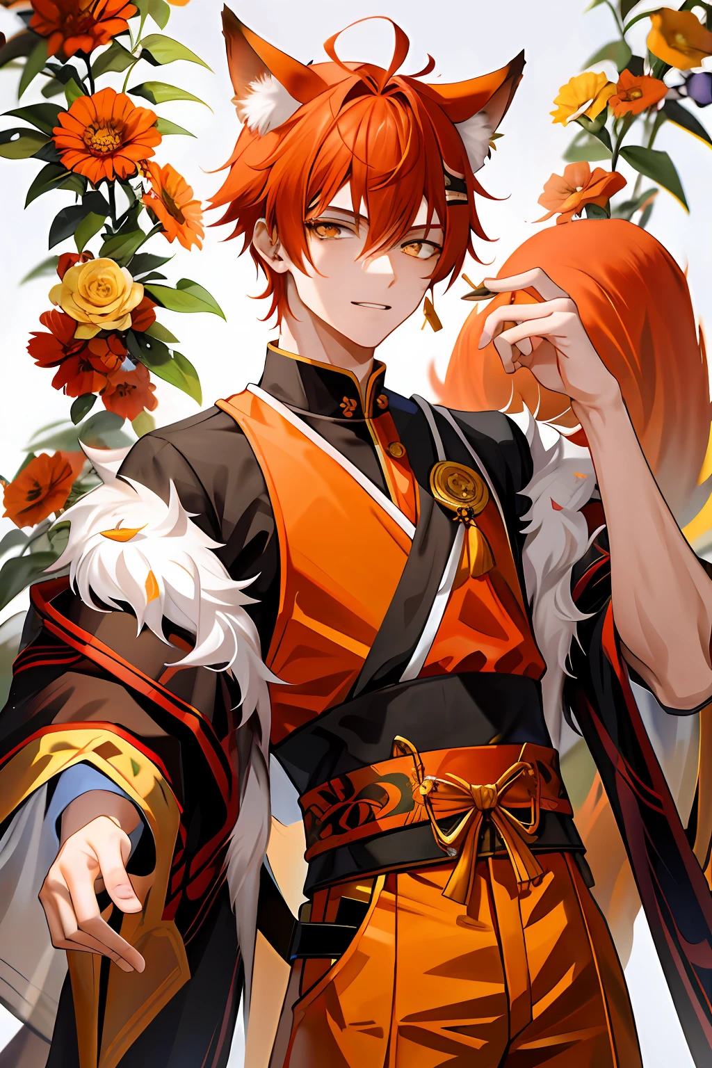 Male ager，The hair is orange-red，Hair fades gray，fox ear，Republic of China costumes，Yellow floral earrings，There are two moles under the right eye，mole under left eye