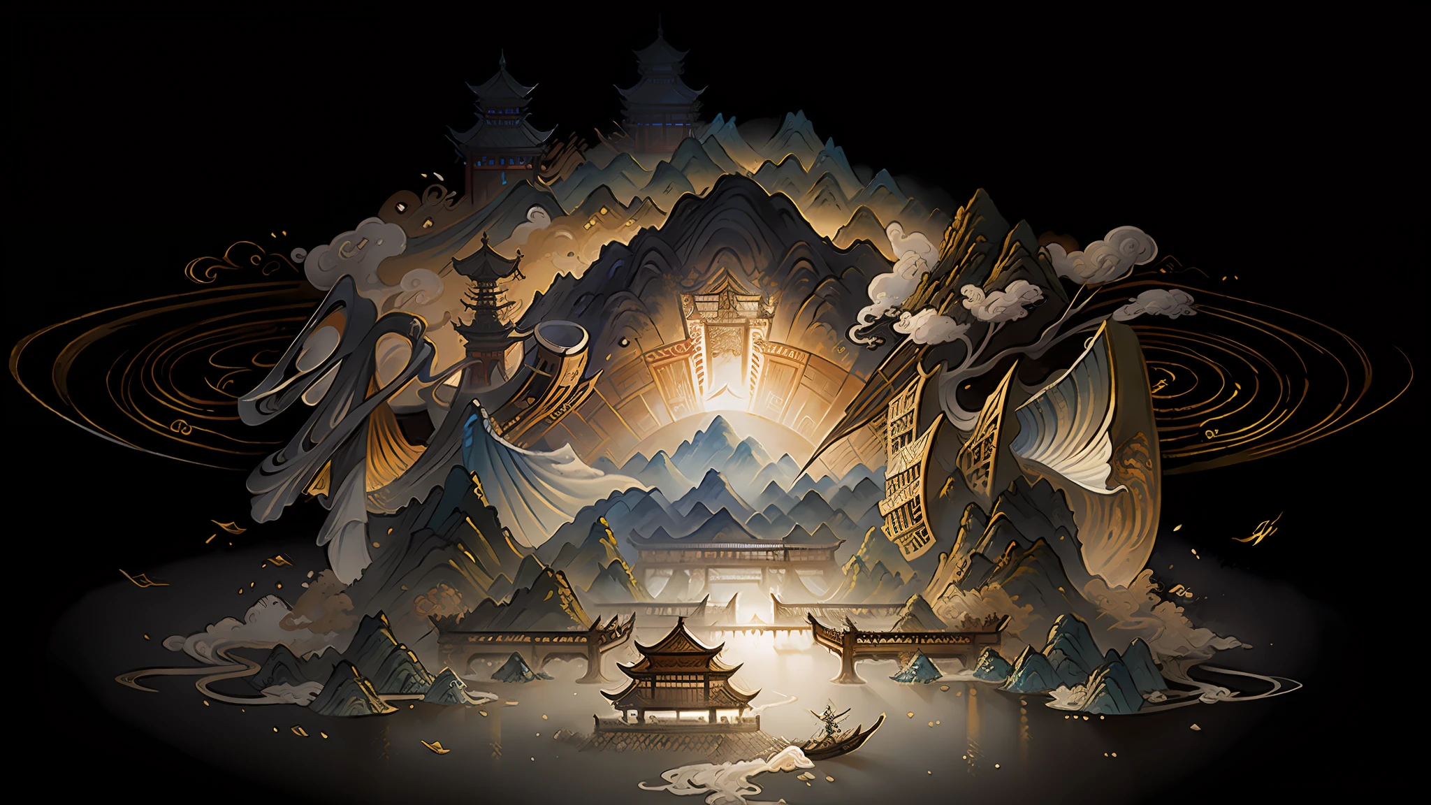 An ancient Chinese painting, ancient Chinese background, mountains, rivers, auspicious clouds, pavilions, sunshine, masterpieces, super detail, epic composition, ultra HD, high quality, extremely detailed, official art, unified 8k wallpaper, Super detail, 32k -- v 6