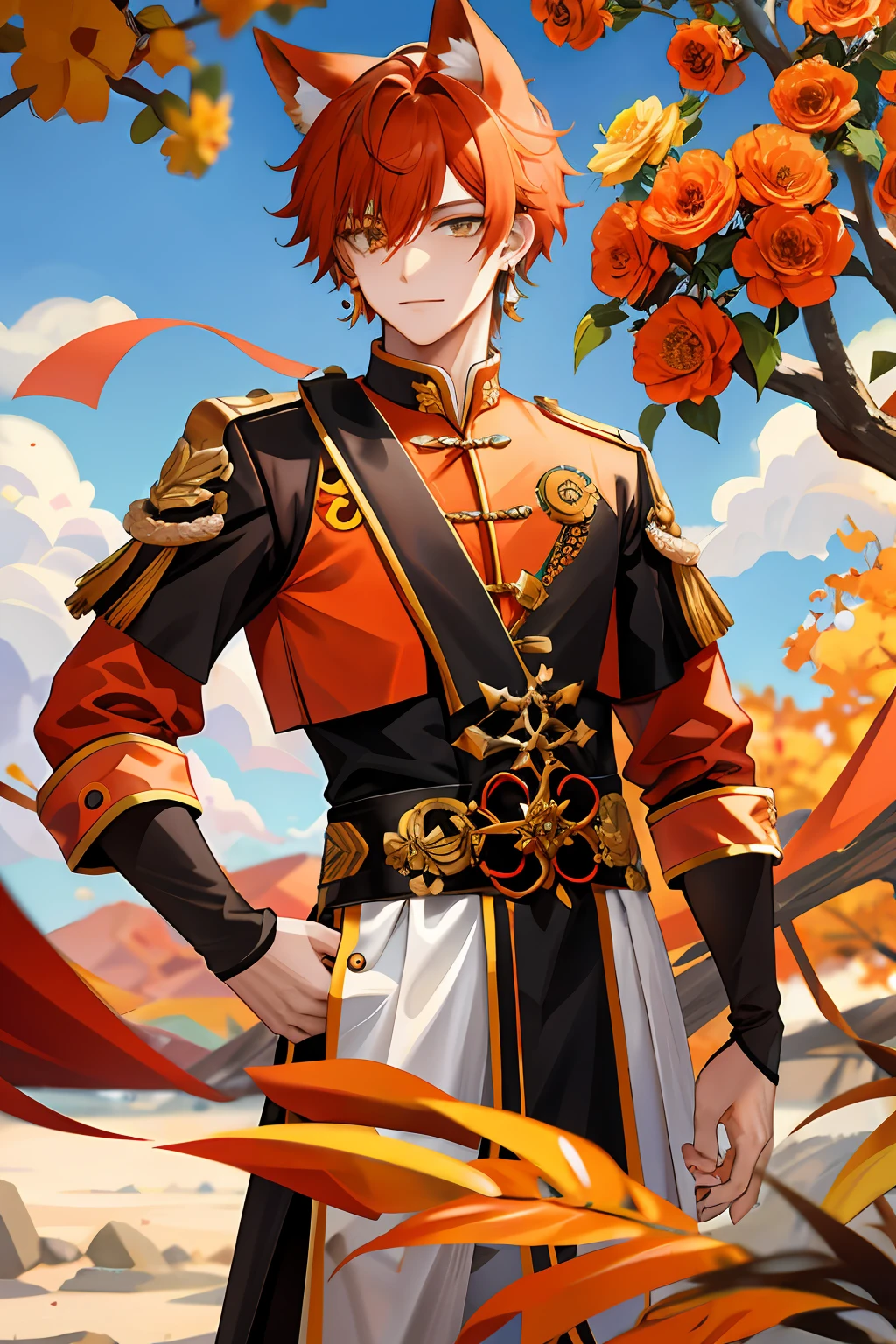 Male teenager，The hair is orange-red，Hair fades gray，fox ear，Republic of China costumes，Yellow floral earrings，There are two moles under the right eye，mole under left eye