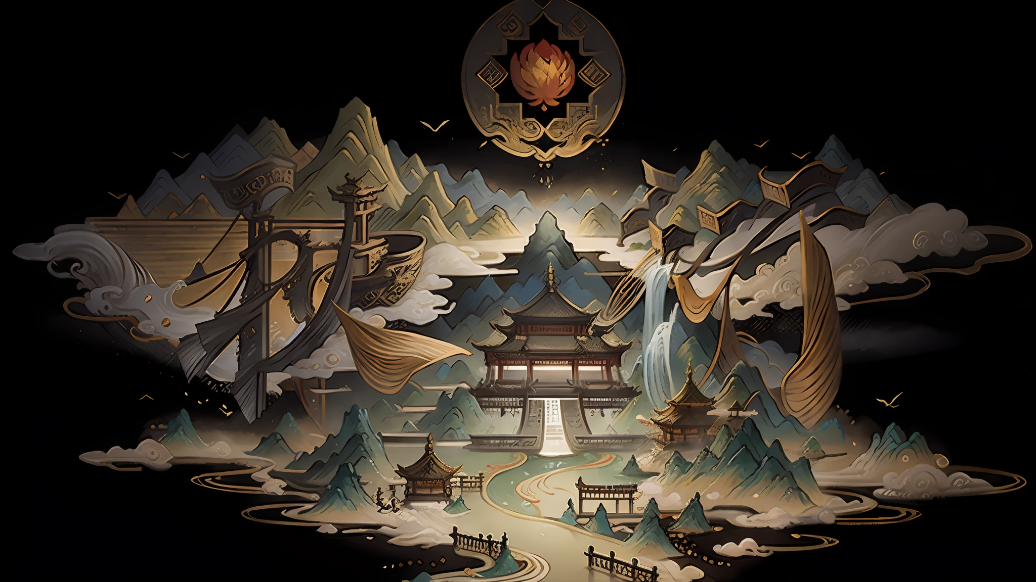 An ancient Chinese painting, ancient Chinese background, mountains, rivers, auspicious clouds, pavilions, sunshine, masterpieces, super detail, epic composition, ultra HD, high quality, extremely detailed, official art, unified 8k wallpaper, Super detail, 32k -- v 6