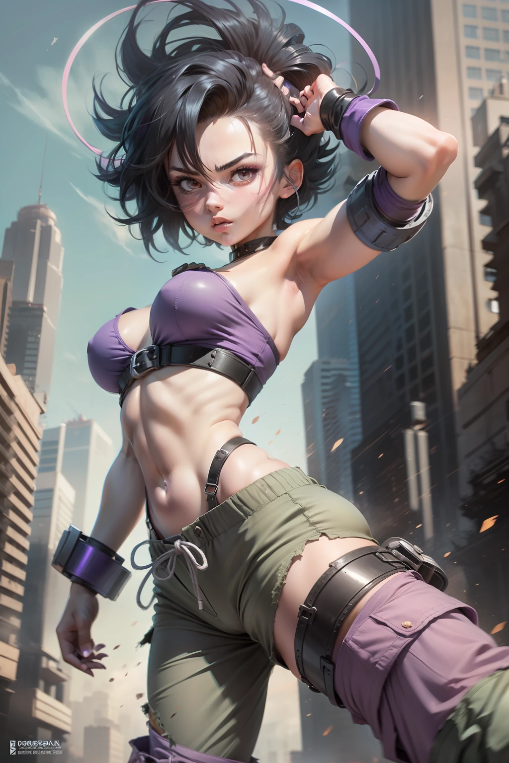 , style of Didier Cassegrain, 1girl, caulifla, action pose, extremely detailed eyes, shining eyes, full body, medium breast, outside, blue sky, black hair, black eyes, pink tube top, strapless, (purple baggy pants:1.2), grey bracers, grey boots, standing