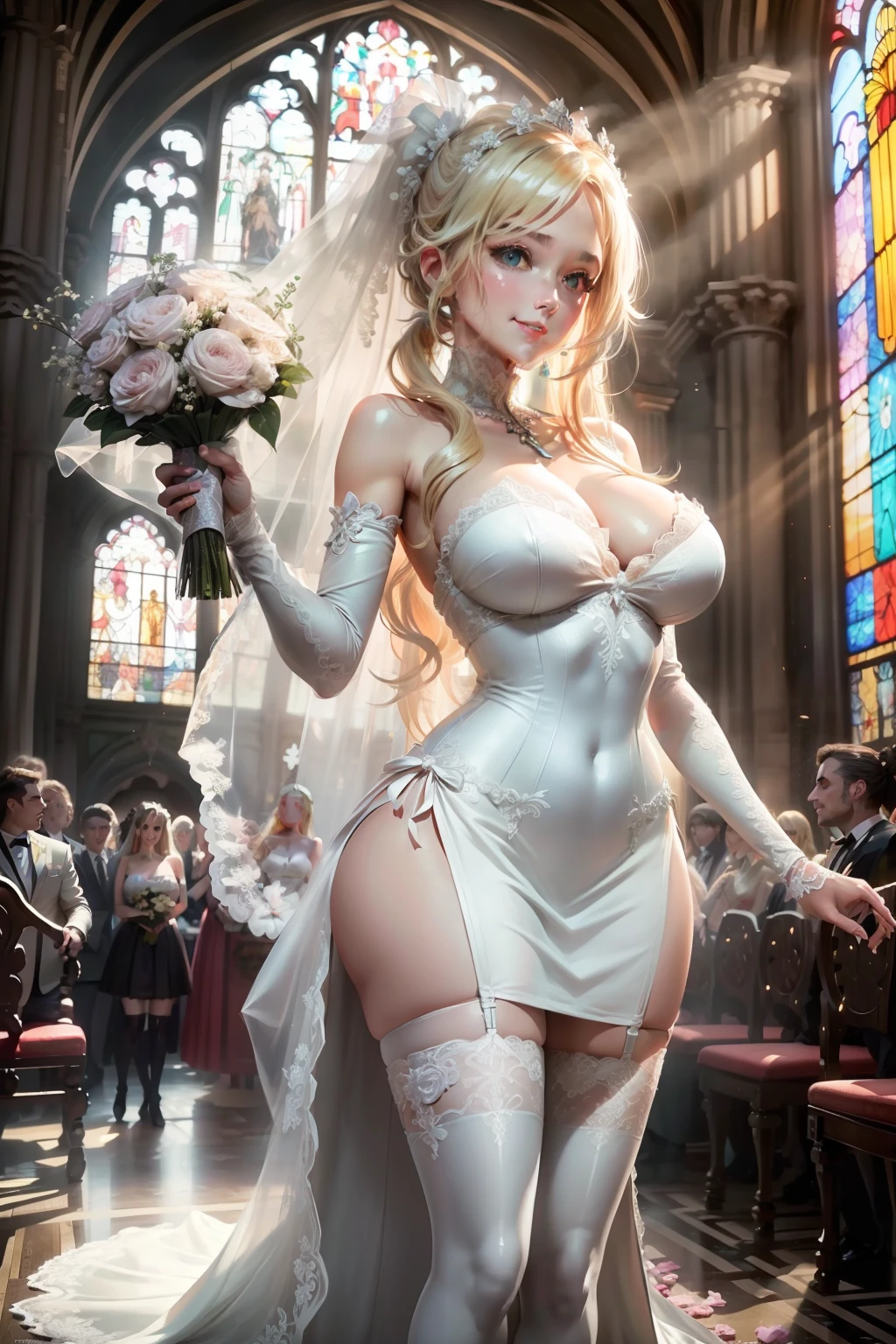 masterpiece, best quality, official art, (extremely detailed CG unity 8k wallpaper), detailed background, (hand by Guido Daniele:1.1),feet out of frame, first-person view, 1 mature girl,(curvy),(standing),(holding white bridal bouquet:1.14),(outstretched hand,Palm facing upward:1.14),(bride, bridal veil, bridal gauntlets, wedding dress, bridal garter, bridal legwear, white thighhighs:1.12),(blonde long hair:1.12), (ahoge:1.13), (high ponytail:1.12), (green eyes:1.13), looking at viewer, huge breasts,(cleavage),beautiful face,(blush:1.11),(smile:1.11), indoor, (Wedding ceremony), church, (Sunlight streaming in through stained glass), (crowd),