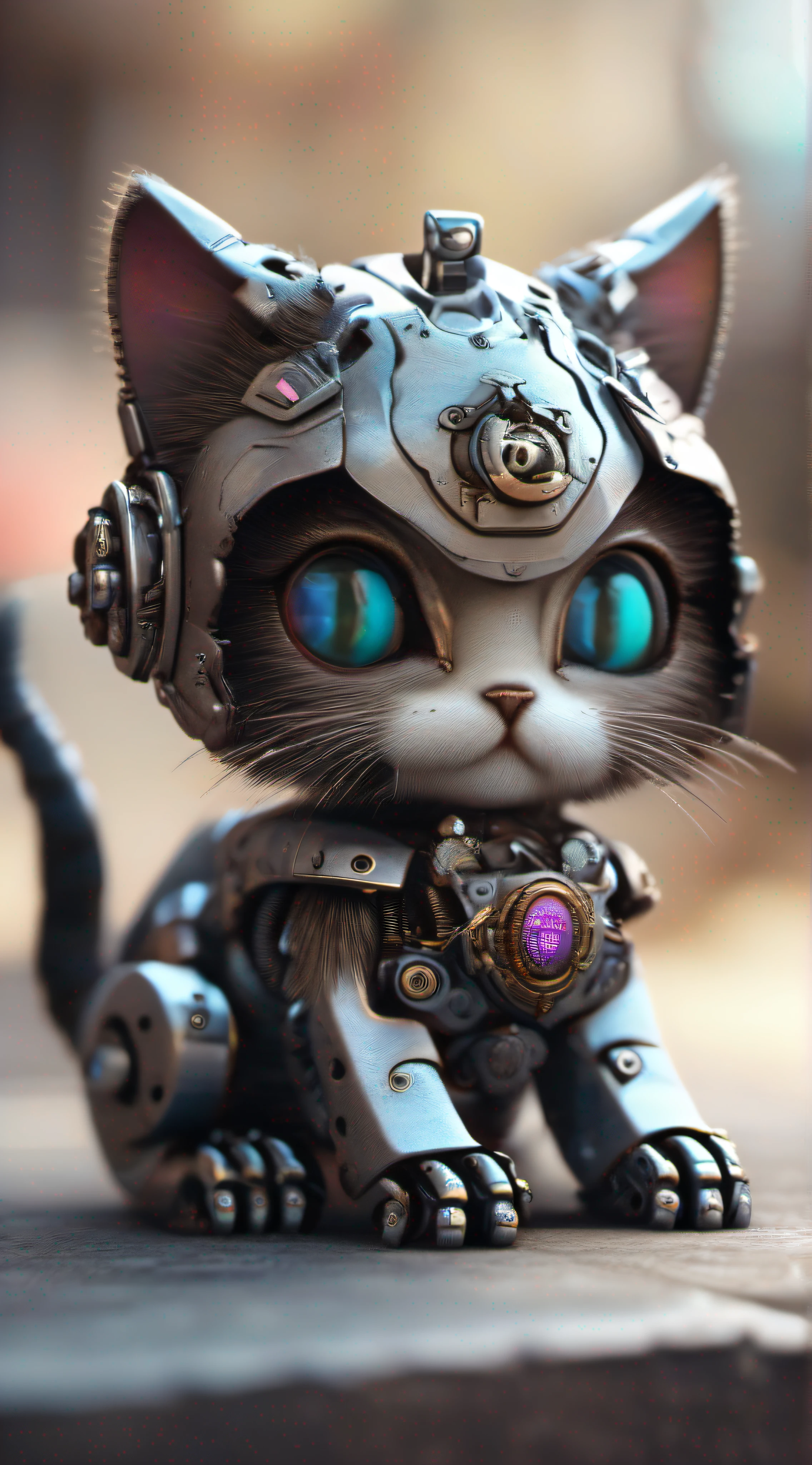 A cute kitten made of metal, robot, cyberpunk style, ((intricate details)), hdr, ((intricate details, super detailed)), cinematic footage, vignette