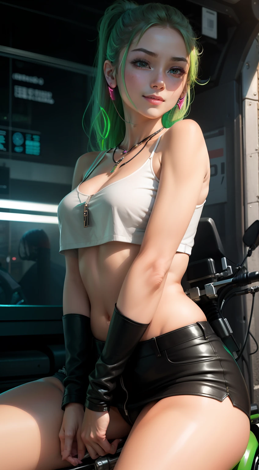 1girl in、Delicate and beautiful facial features、light make-up、Exquisite jewelry and necklaces、Delicate technology leather jacket with short upper body、Ultra mini skirt in delicate technical leather at lower body、Sitting on a green high-tech bike、flaxen ponytail、With smiling eyes、???? shoulders​、Shows perfect curves and plump ???????? behind them、 Background Special Effects Neon、colourfull、colourfull、Highlight green motorcycle and girl、Top image quality、​masterpiece、hight resolution、Complex motorcycle details、Emphasis on the creation of future technologies、Facial features are clear and not blurred,、Normal human finger、