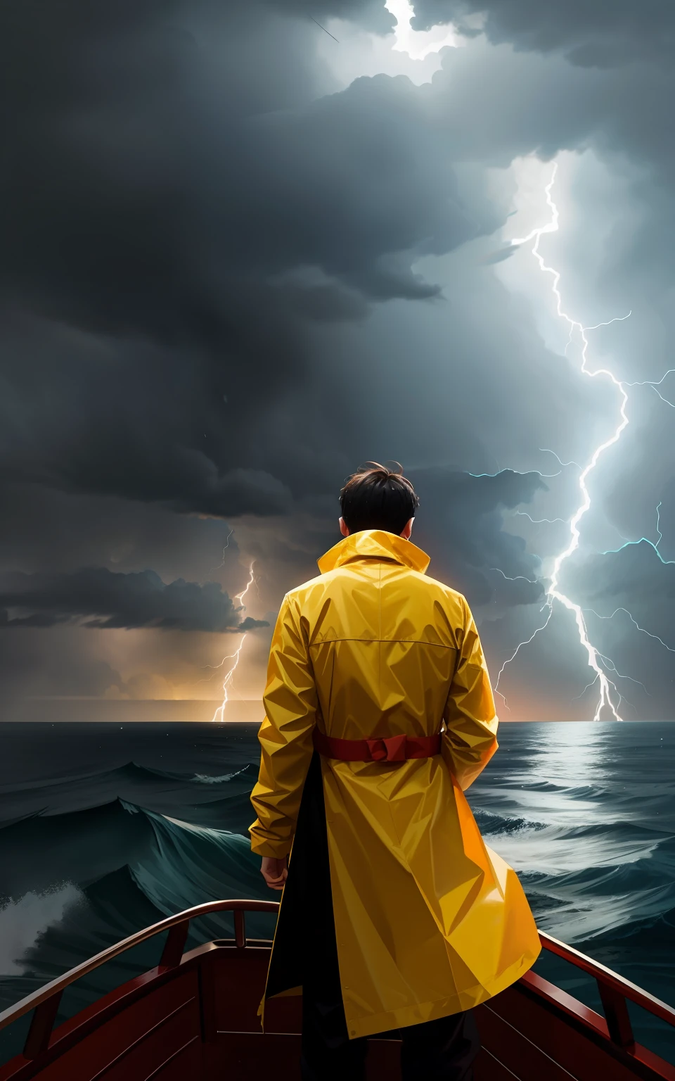 man on the bow of a ship, he is wearing a yellow raincoat, he has his back, looking at the raging ocean, it is raining heavily, lightning and thunder, seen from the back