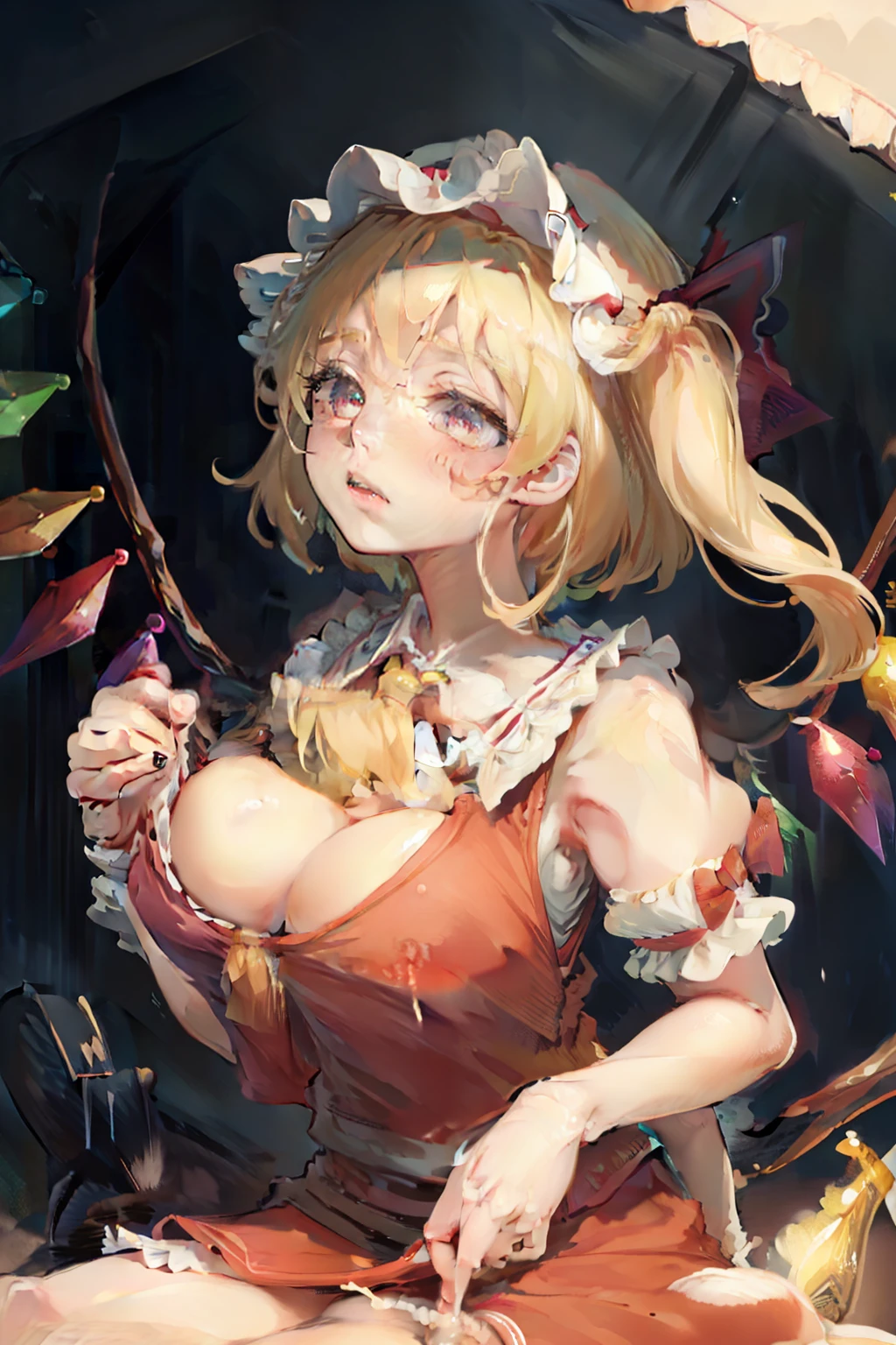 (masterpiece),best quality, expressive eyes, perfect face, 1girl,
big breast, H-cup, good breast, beautiful, gorgeous,anime,girl,lora, floating clothes, tent chest ,
nipple visible though clothes,flandre scarlet,
1girl,blonde hair,mob cap,hair bow,bowtie,side ponytail,wings,short sleeves,vest,ascot,1wings,1 pair of wings,W sitting, w sitting on ground, legs on ground, breast lift,handpull