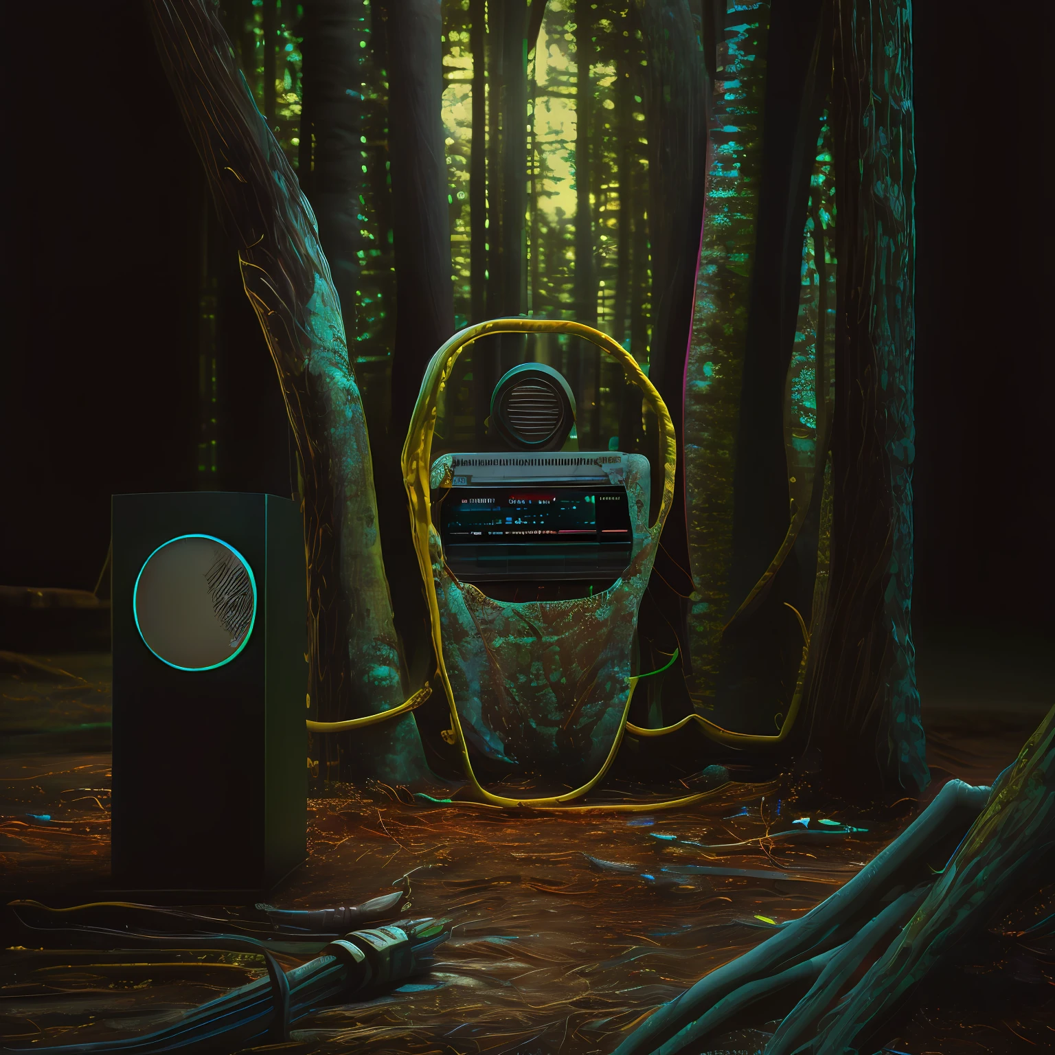 Create an image of a dark, menacing forest with a speaker in the middle, realista