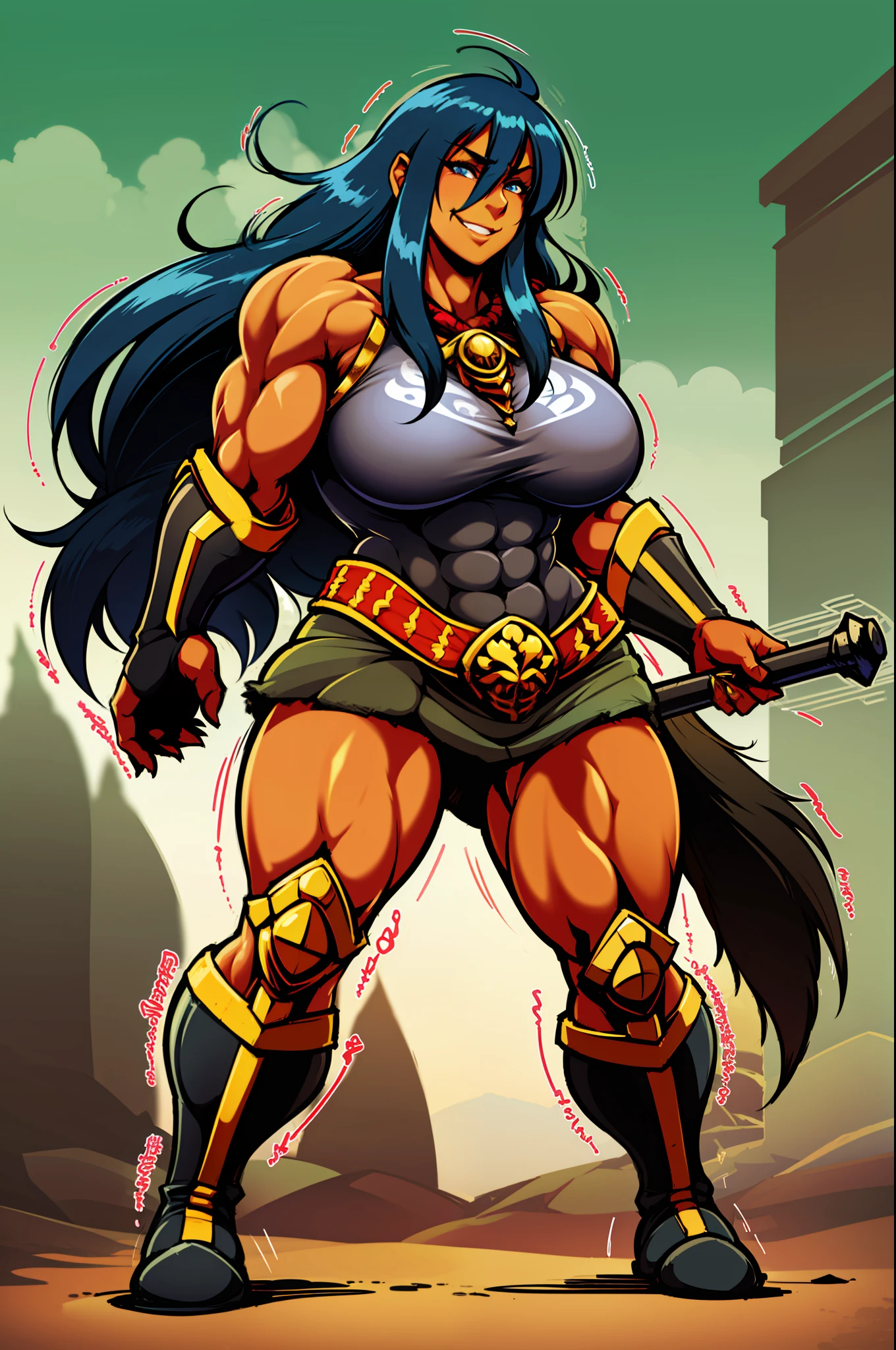 gogo, long hair, black hair, tallgirl,darkskinned-female,, musclegirl, fantasy,barbarian,berserker,huge breast,revealing cloths, full body, boots, holding lance