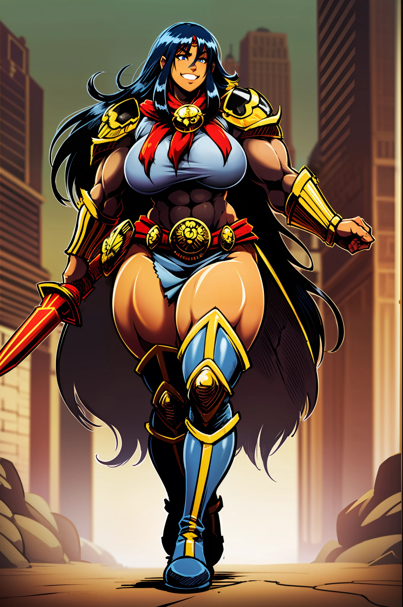 gogo, long hair, black hair, tallgirl,darkskinned-female,, musclegirl, fantasy,barbarian,berserker,huge breast,revealing cloths, full body, boots, holding lance, boots, , walking
